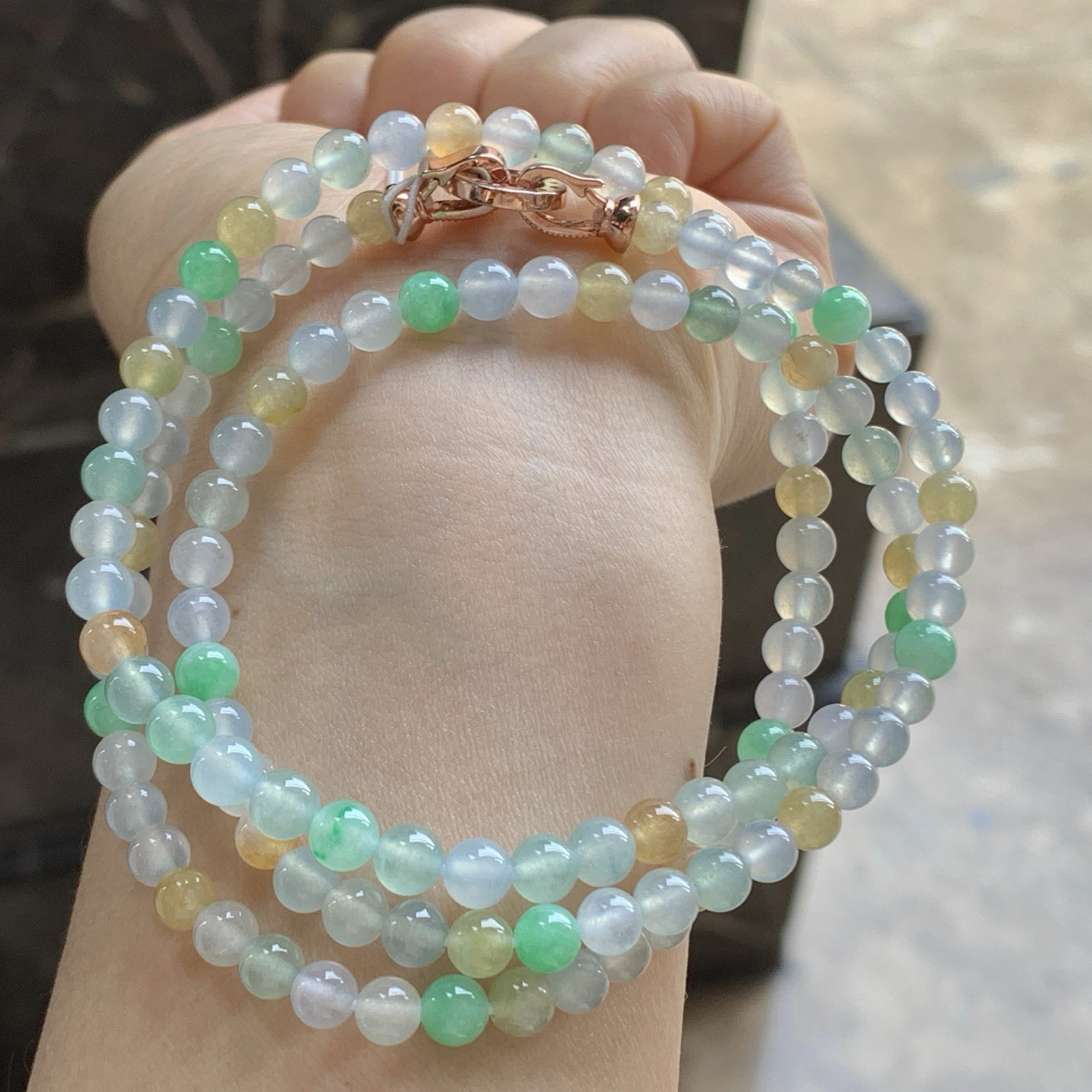 冰种多彩手链^_^鲜艳 玉质温润