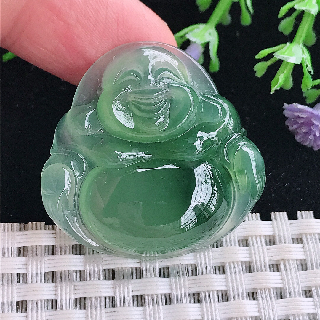 实拍A货翡翠32.4/33.3/7老坑冰种果冻胶冰晴绿佛公吊坠翡翠玉牌