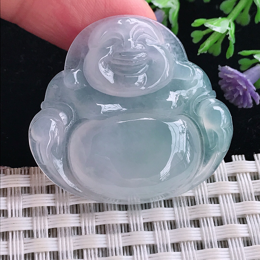 实拍A货翡翠33.8/36.3/6.3老坑冰种果冻胶冰晴天空蓝佛公吊坠