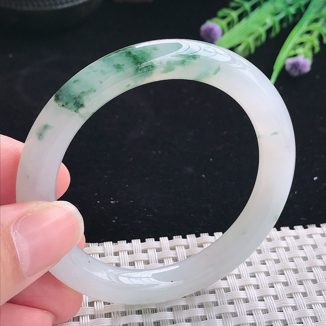 实拍A货翡翠53.5/9/9.3老坑冰胶果冻冰飘花圆条手镯翡翠玉镯平安镯