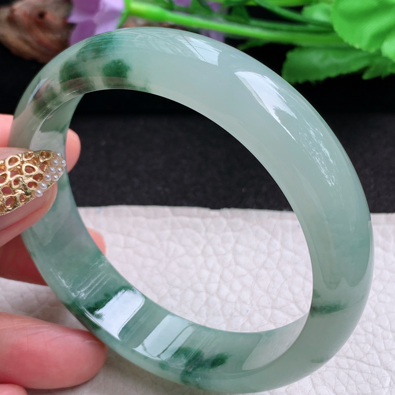 p实拍59.6*15*7.6平安镯 天然缅甸翡翠a货手镯冰飘花正圈玉镯子