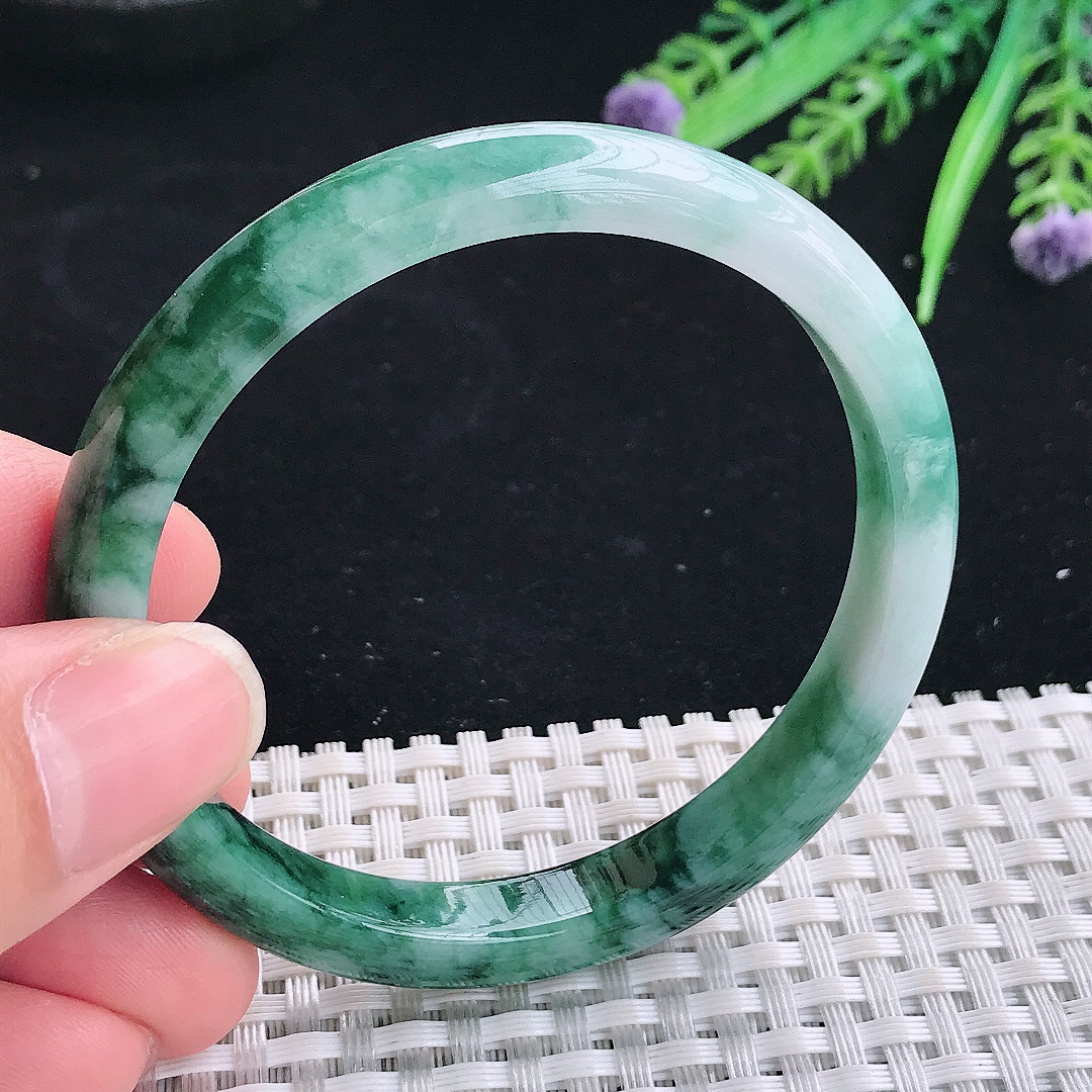 实拍A货翡翠55.5/8.5/6.6老坑精美温润飘花手镯翡翠宽边玉镯平安镯美人镯