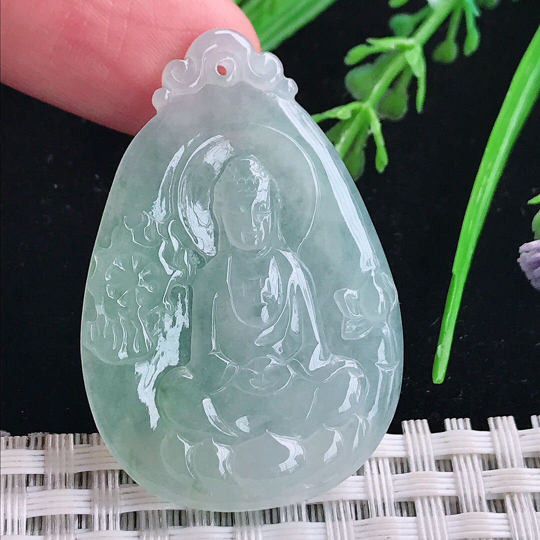 实拍A货翡翠43/29/4.4老坑冰胶果冻冰晴观音菩萨吊坠翡翠玉牌