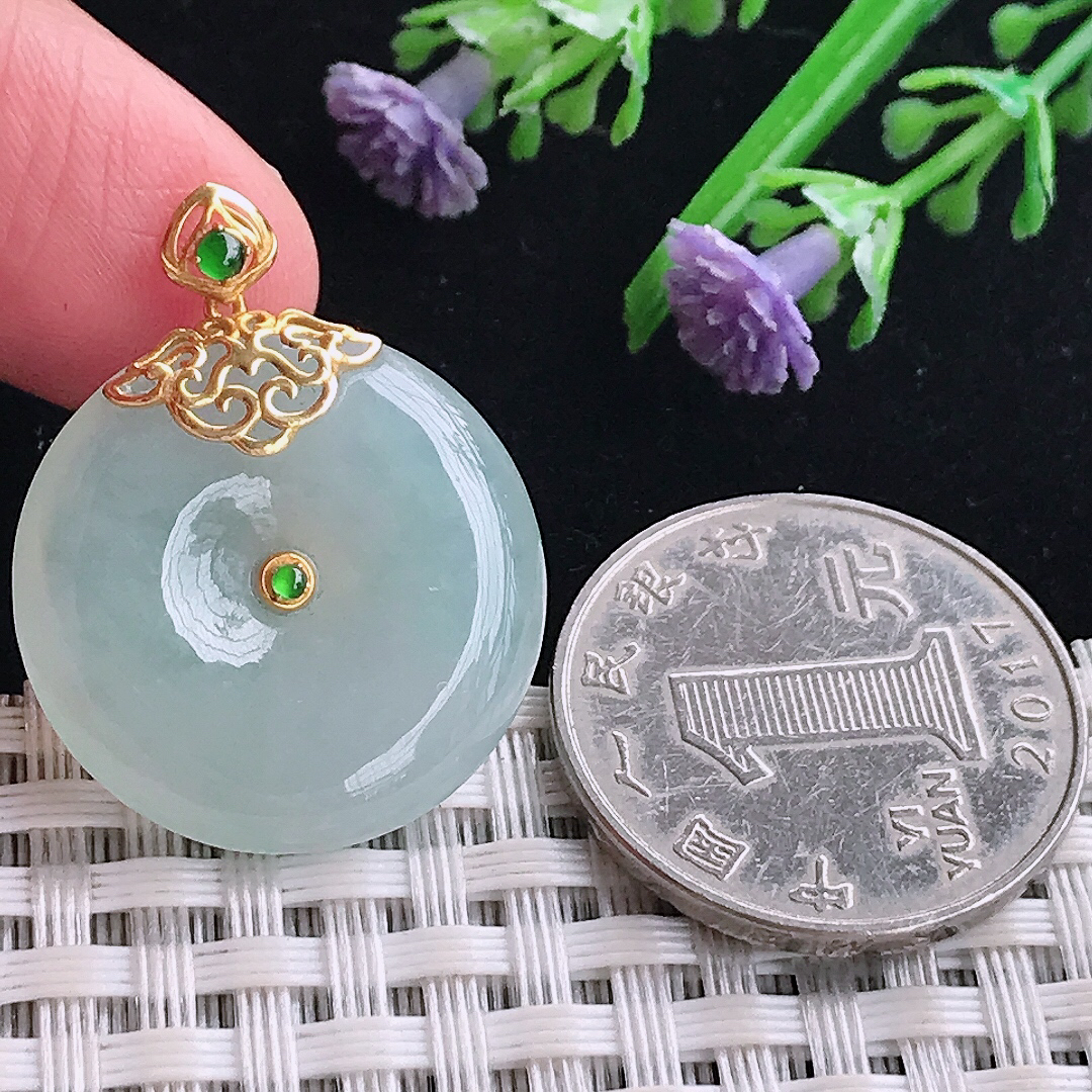 实拍A货翡翠23.9/5.3老坑18k金镶嵌冰胶水灵平安扣吊坠翡翠玉牌