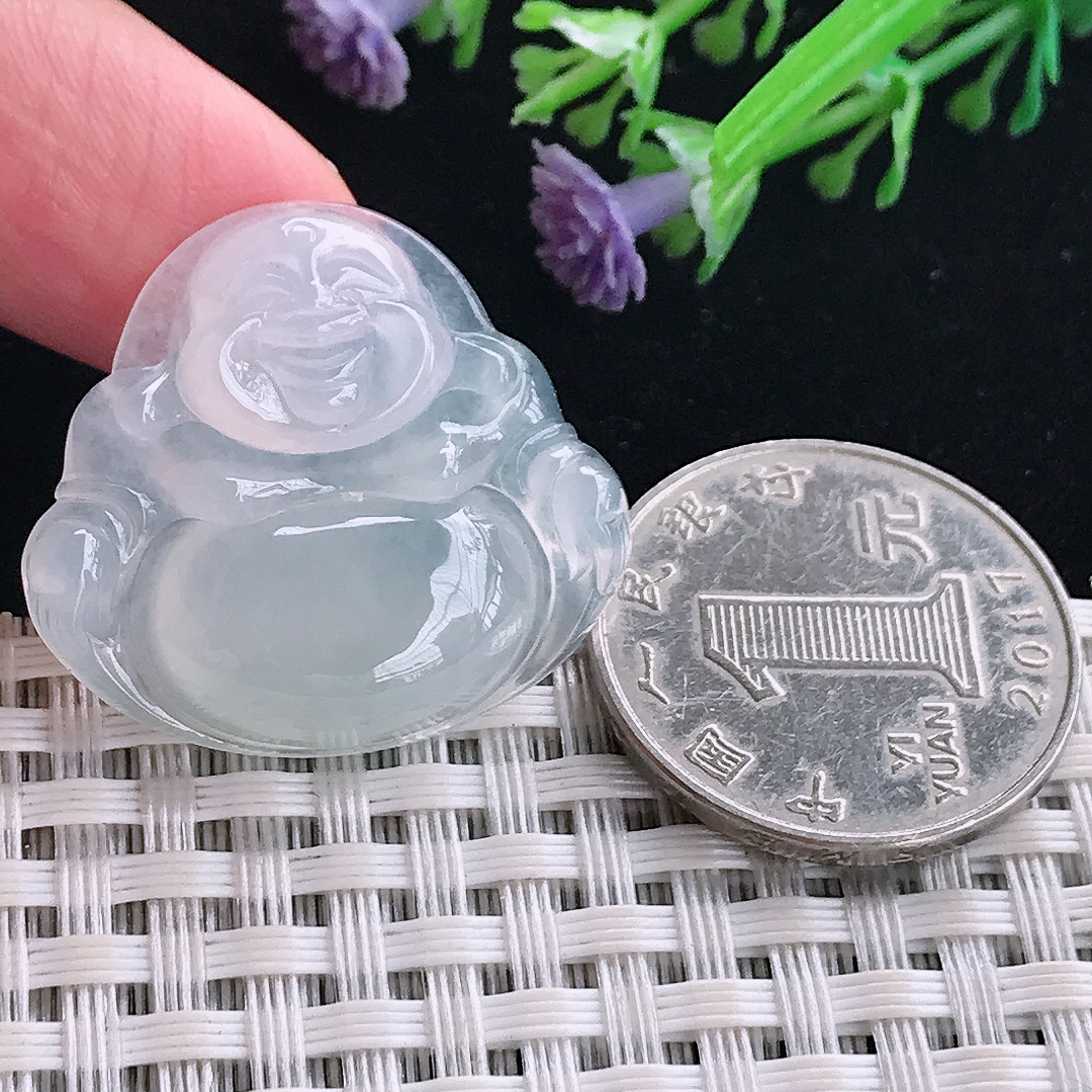 实拍A货翡翠27.3/30/6老坑冰种起胶白冰佛公吊坠翡翠玉牌