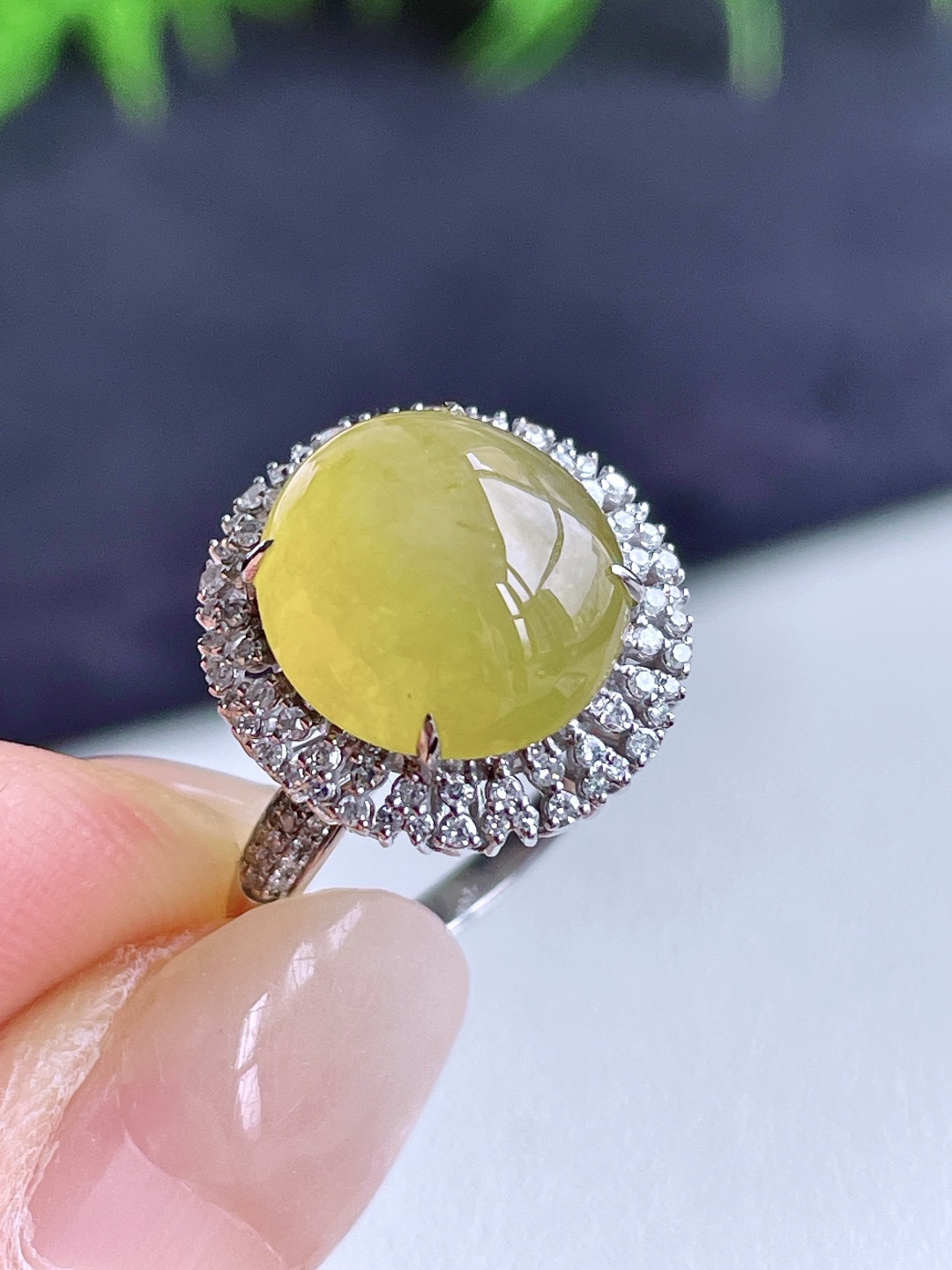 【镶嵌】冰黄翡蛋面戒指 【说明】缅料 18k金镶嵌 无裂 性比高 【整体】15.6-14.7-10.8 【裸石】11.6-10.7-7.5 【圈口】14号 【重量】3.8克