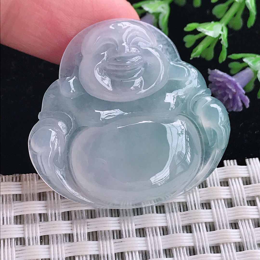 实拍A货翡翠33.8/36.3/6.3老坑冰种果冻胶冰晴天空蓝佛公吊坠