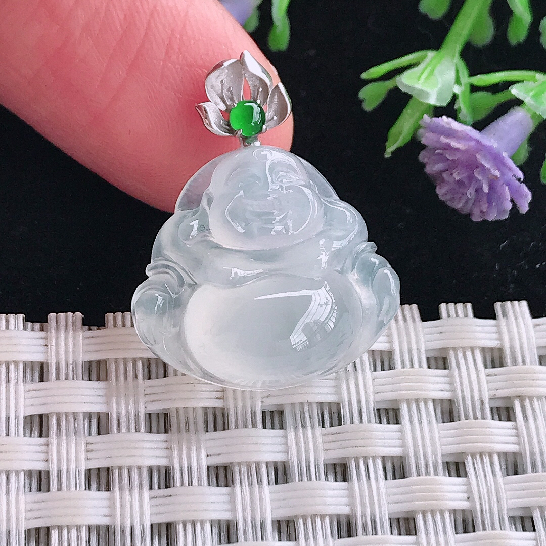 实拍A货翡翠17.2/19/6.9老坑18k金镶嵌起光冰种小佛公吊坠翡翠玉佛