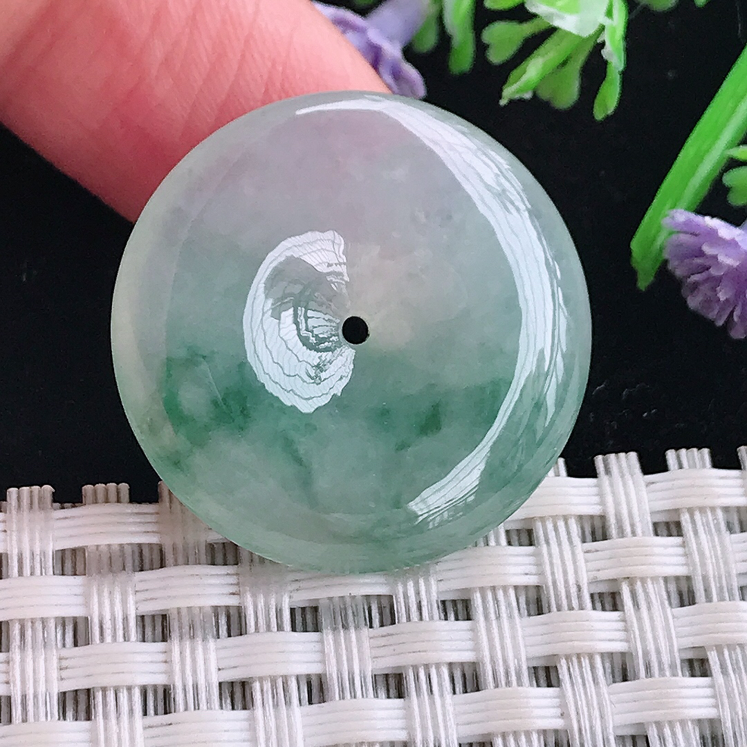 实拍A货翡翠26.3/5.3老坑冰胶水灵冰飘花平安扣吊坠翡翠玉牌