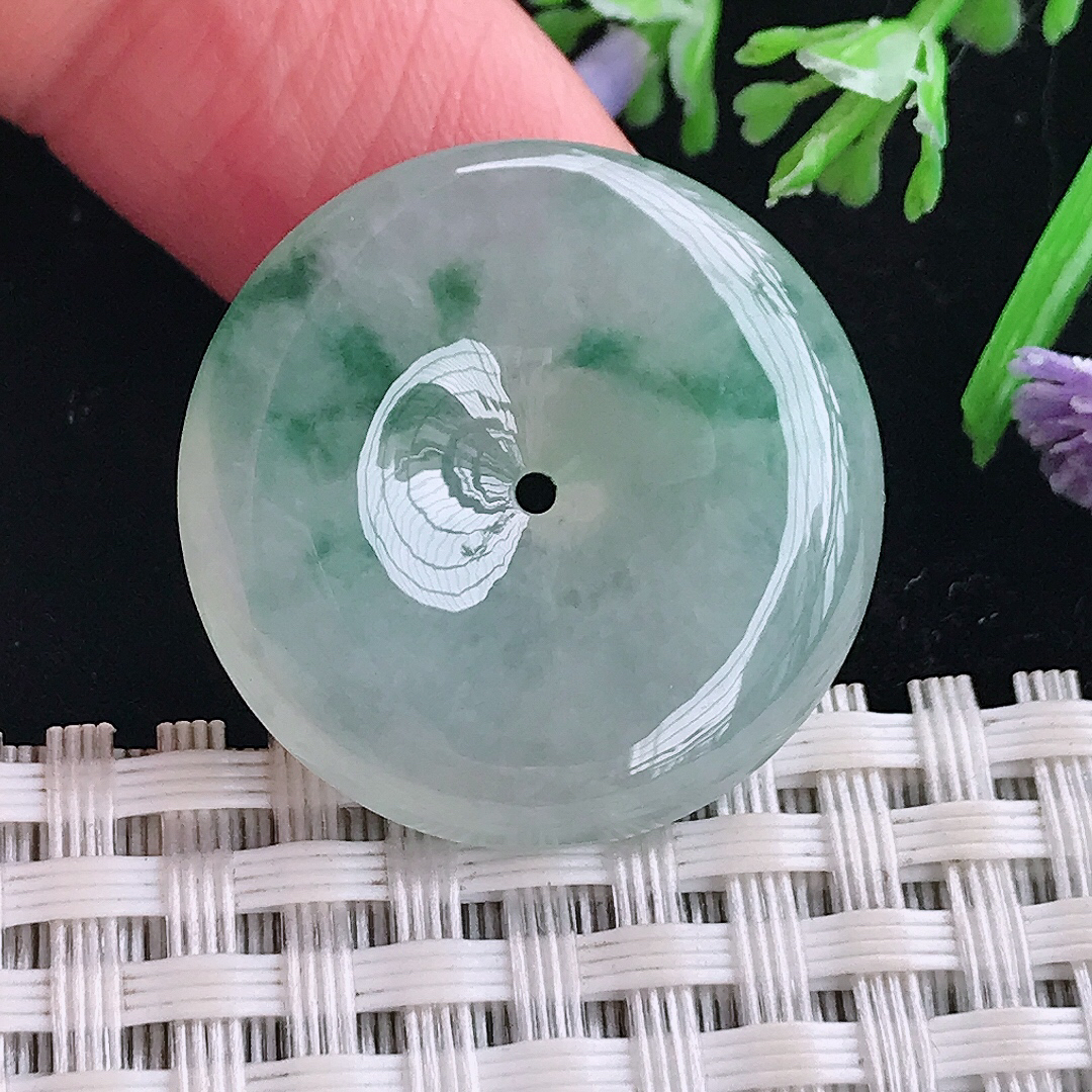 实拍A货翡翠26.3/5.3老坑冰胶水灵冰飘花平安扣吊坠翡翠玉牌