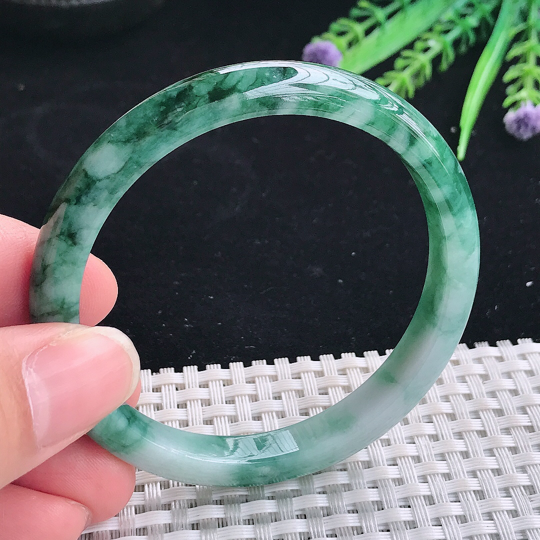 实拍A货翡翠55.5/8.5/6.6老坑精美温润飘花手镯翡翠宽边玉镯平安镯美人镯