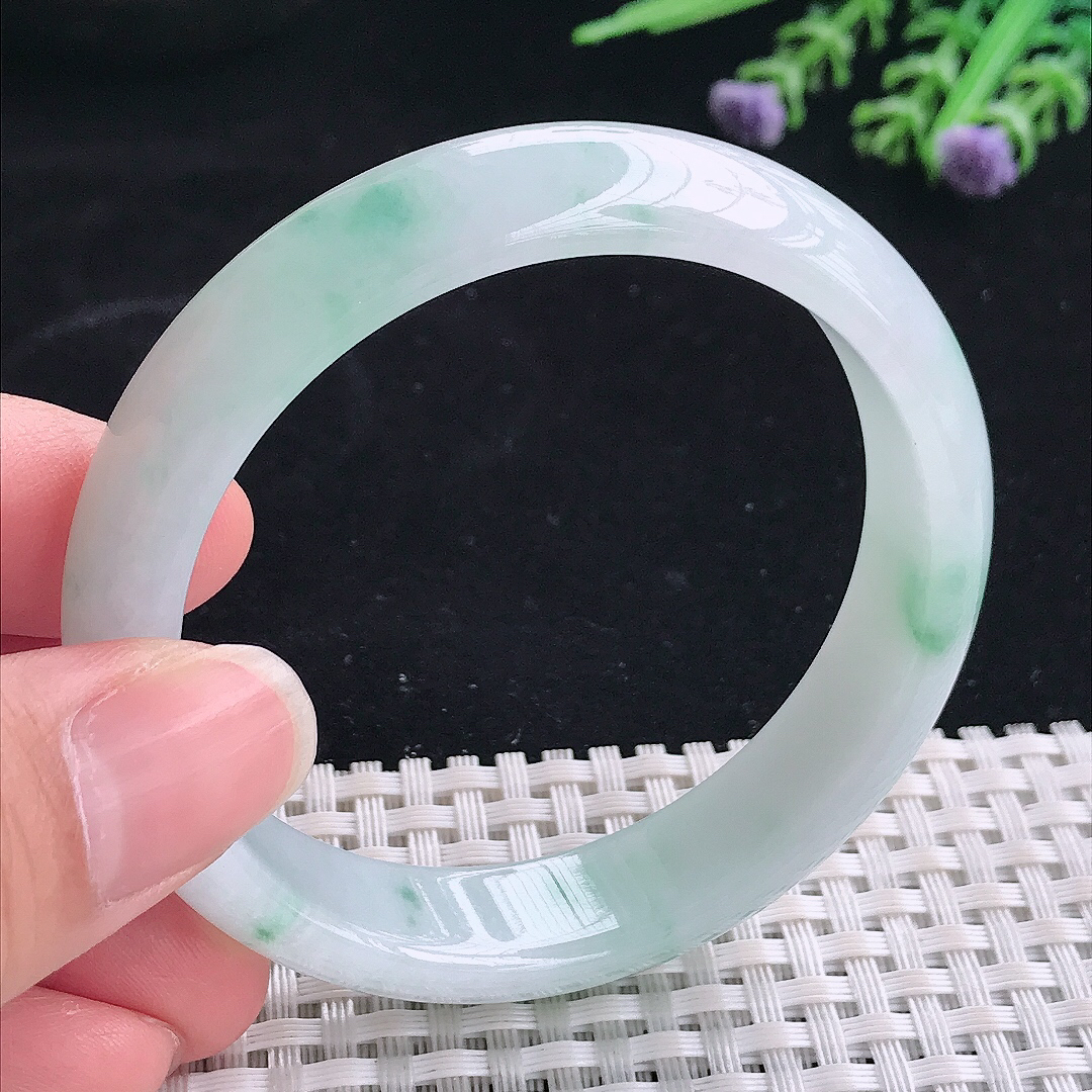 实拍A货翡翠54.8/13.5/7.2老坑冰润起胶飘花手镯翡翠宽边玉镯平安镯美人镯