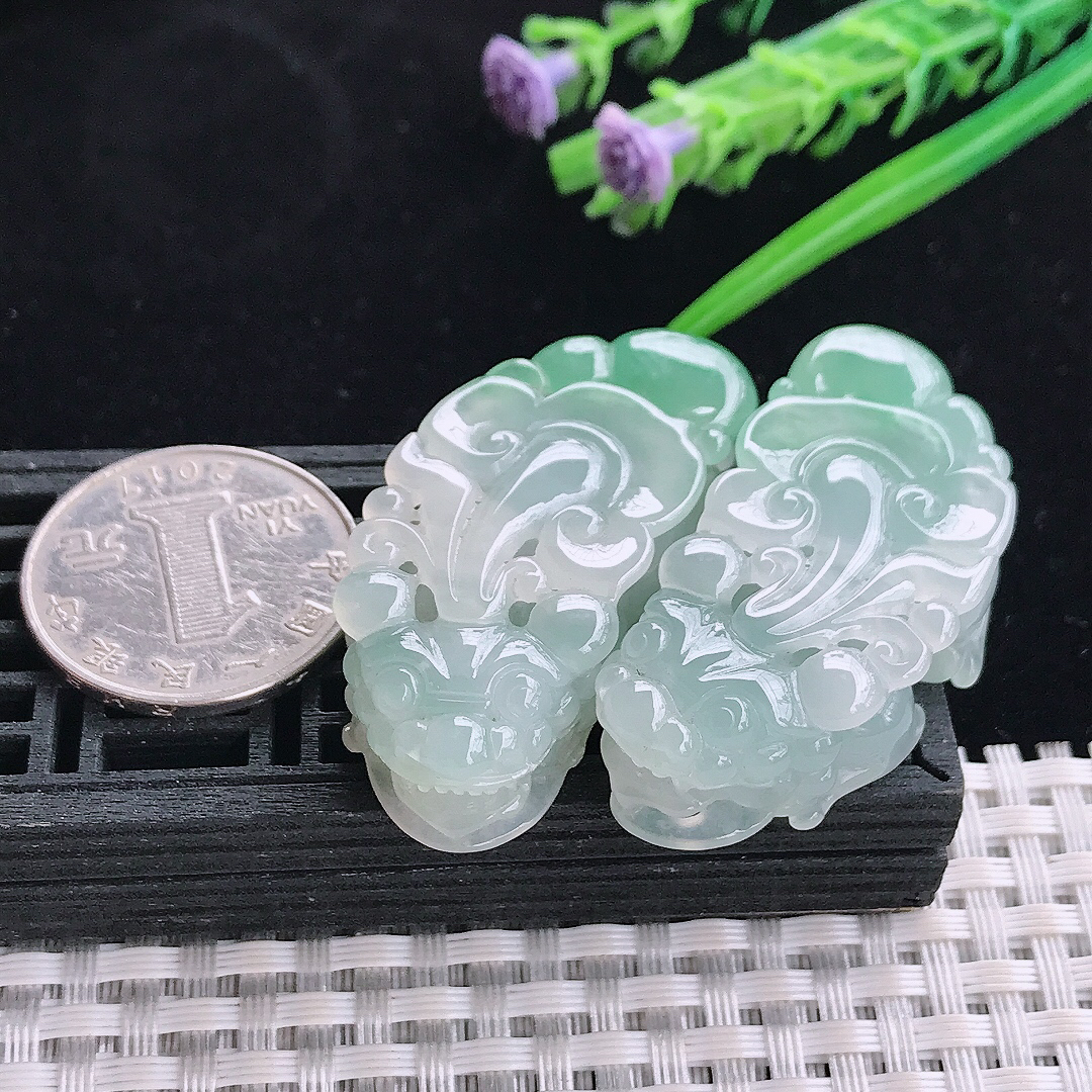 实拍A货翡翠45.2/21/12.2老坑冰胶果冻冰晴绿貔貅吊坠一对