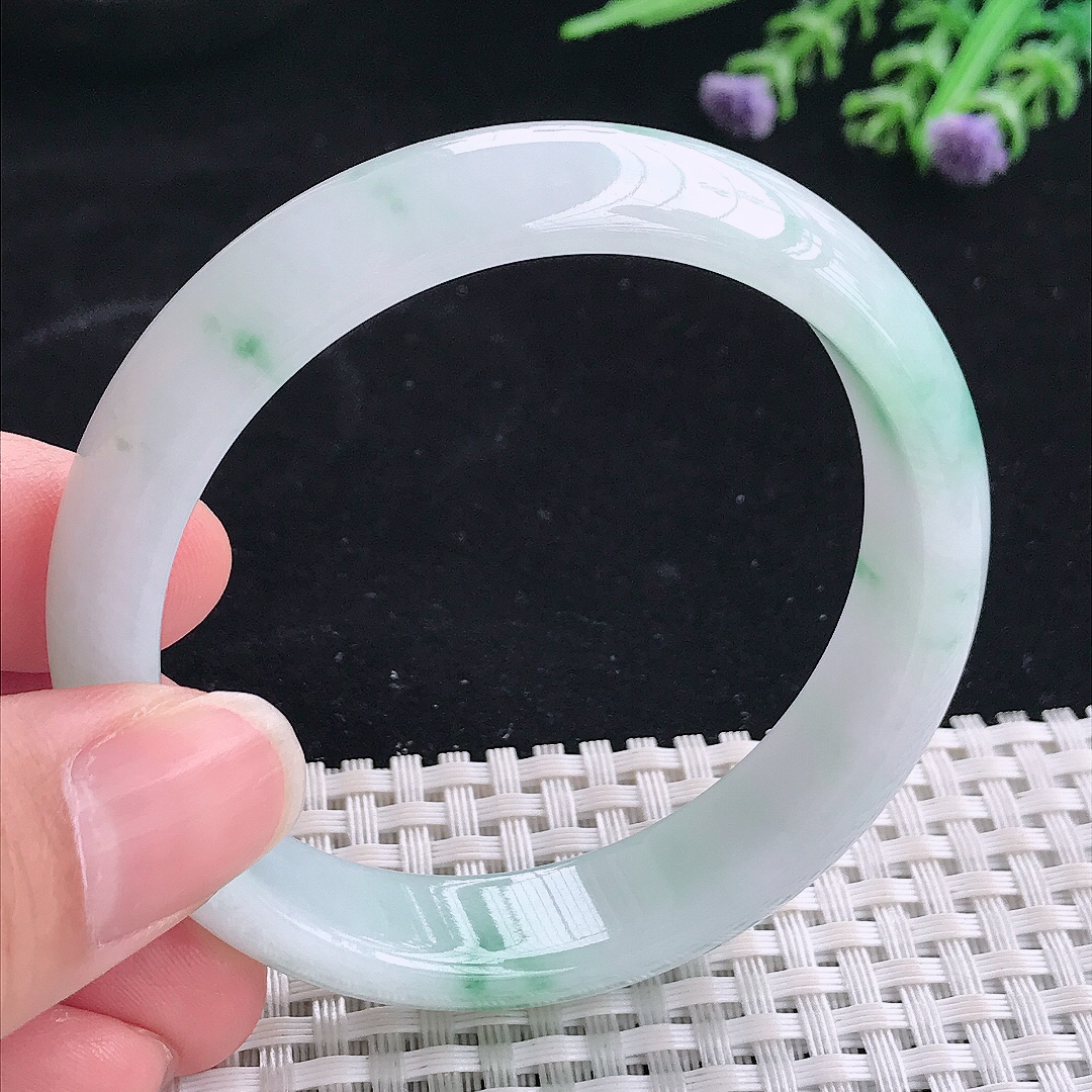 实拍A货翡翠54.8/13.5/7.2老坑冰润起胶飘花手镯翡翠宽边玉镯平安镯美人镯