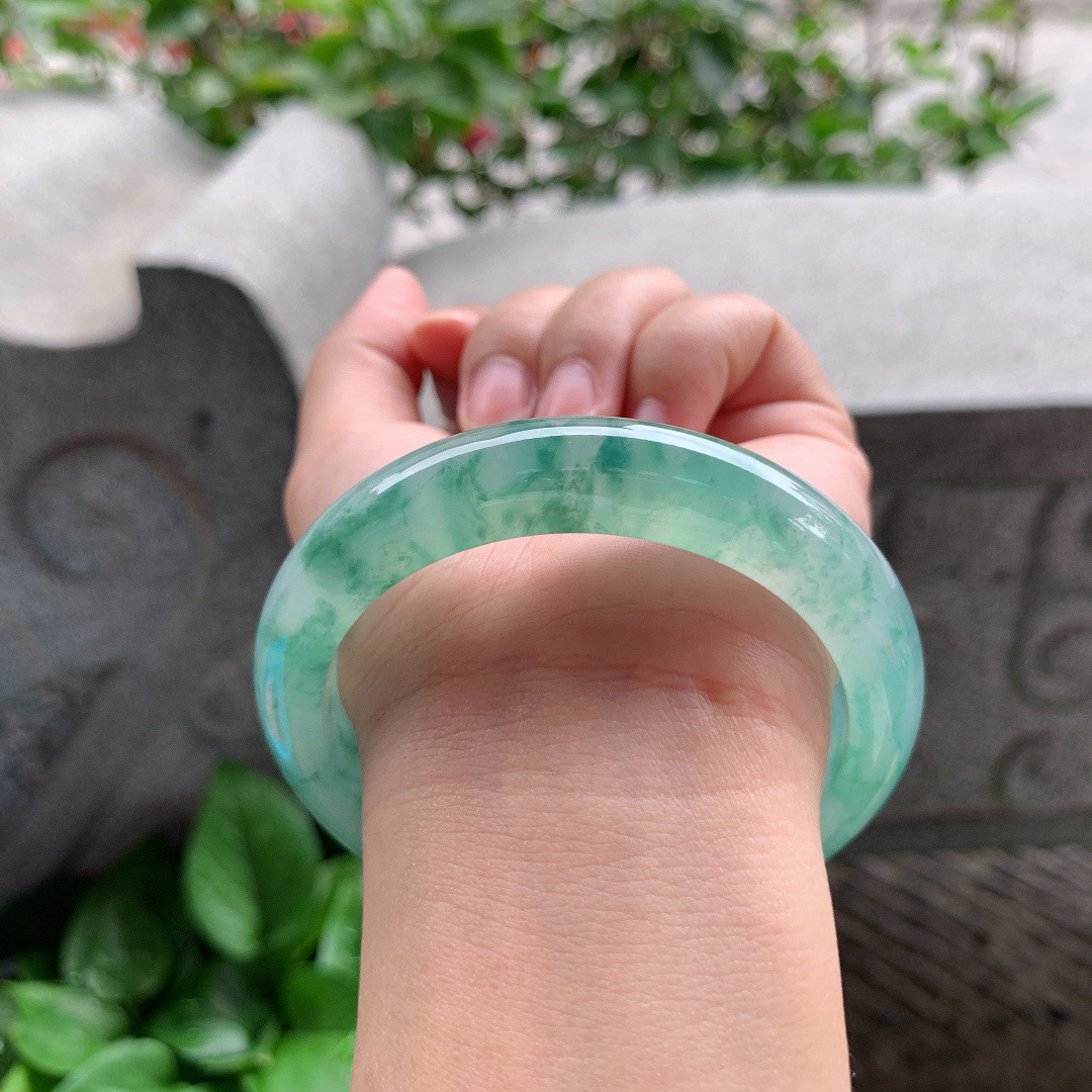 圈口57.6-12.7-8.9 【冰绿飘花正圈手镯】正圈57 58可戴