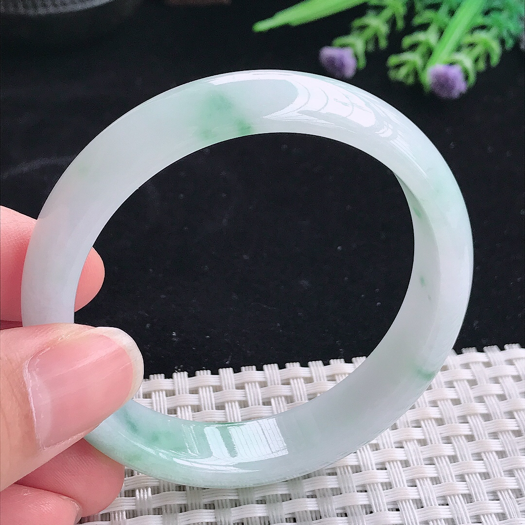 实拍A货翡翠54.8/13.5/7.2老坑冰润起胶飘花手镯翡翠宽边玉镯平安镯美人镯