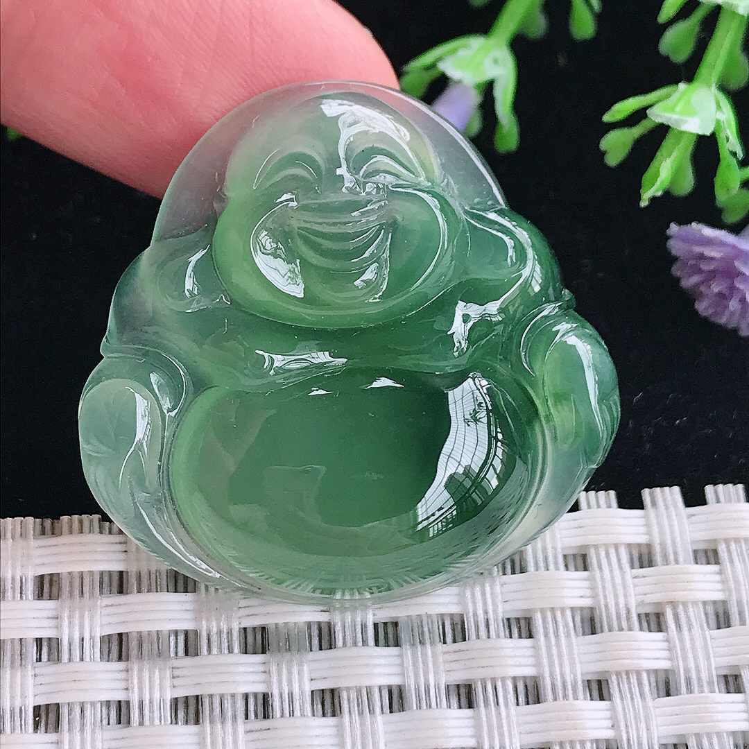 实拍A货翡翠32.4/33.3/7老坑冰种果冻胶冰晴绿佛公吊坠翡翠玉牌