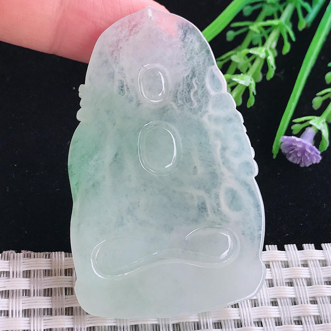 实拍A货翡翠61.5/38.6/5.5老坑冰润起胶冰晴赐福观音吊坠翡翠玉牌