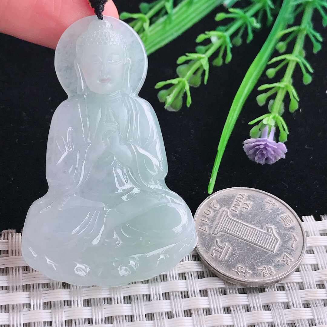 实拍A货翡翠56/37.3/5.2老坑冰胶果冻大日如来佛祖吊坠翡翠玉牌