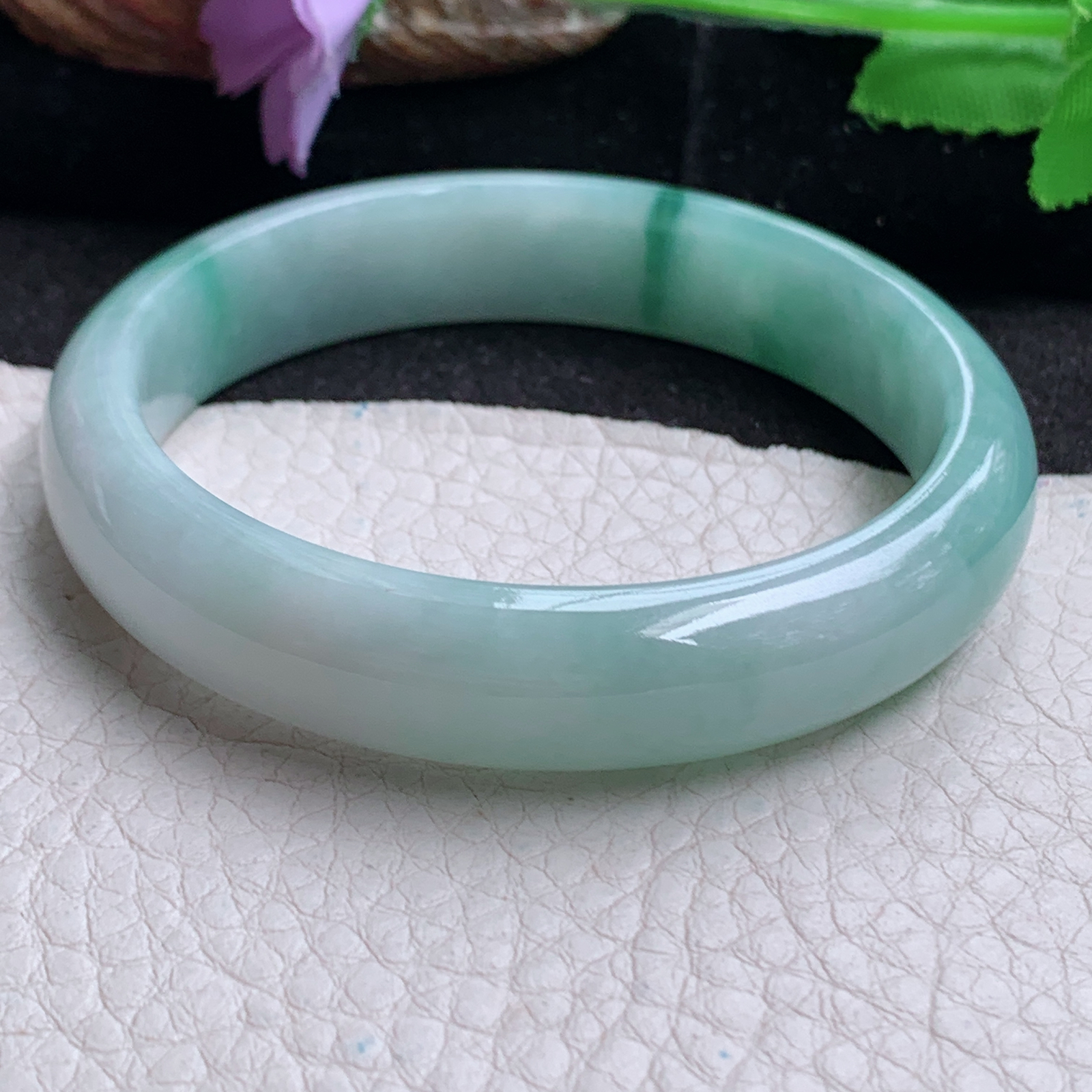 zjf实拍55*12.3*7平安镯 天然缅甸翡翠a货手镯飘花秀气正圈玉镯子