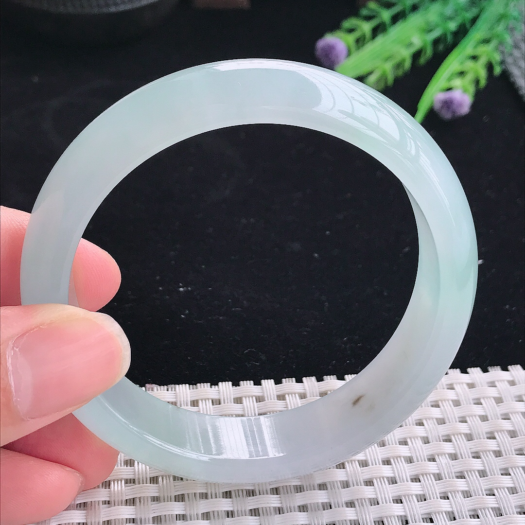 实拍A货翡翠58/14.8/7.8老坑冰透果冻胶冰晴天空蓝手镯翡翠宽边玉镯平安镯