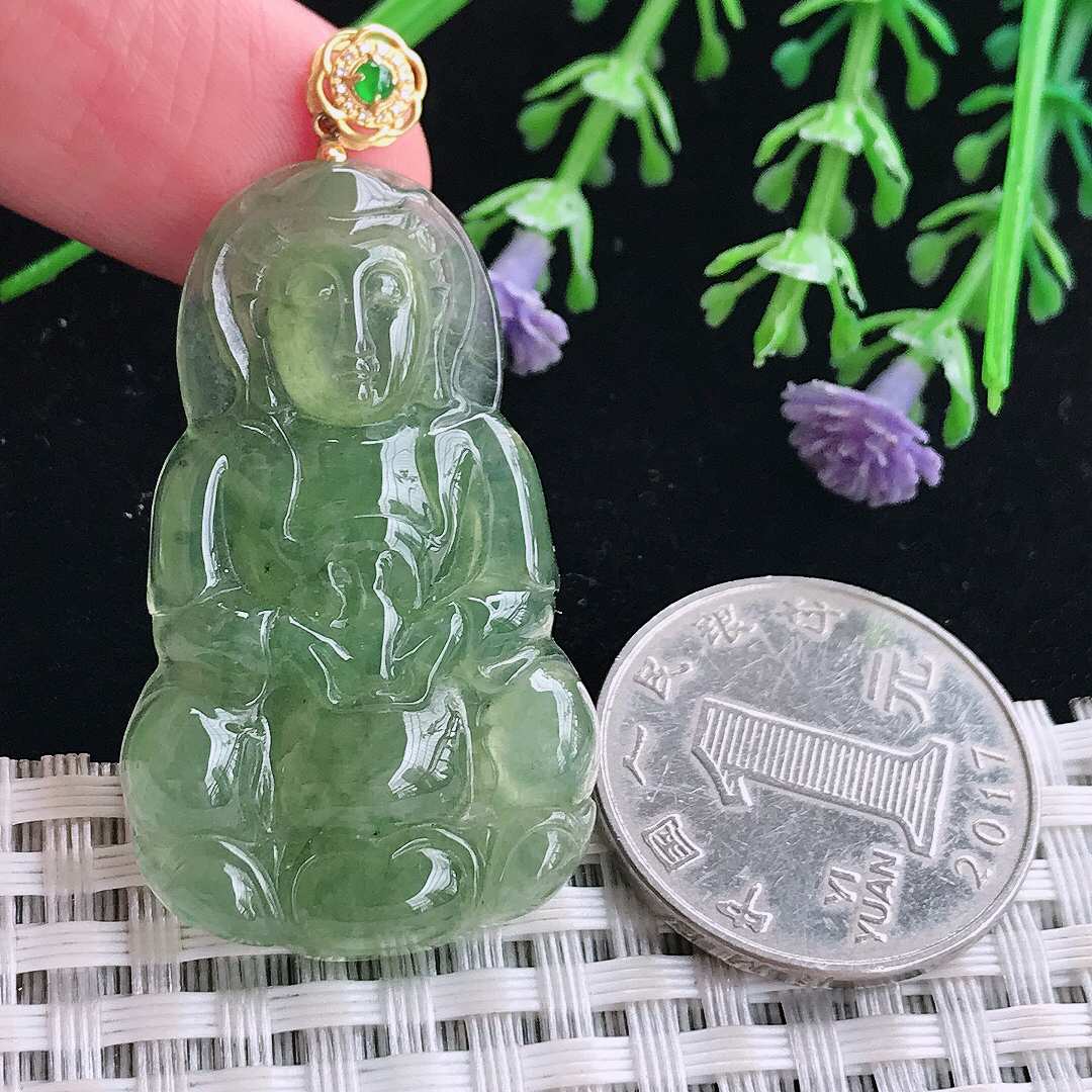 实拍A货翡翠41.3/24.8/4.8老坑18k金镶嵌满油绿观音吊坠翡翠玉牌