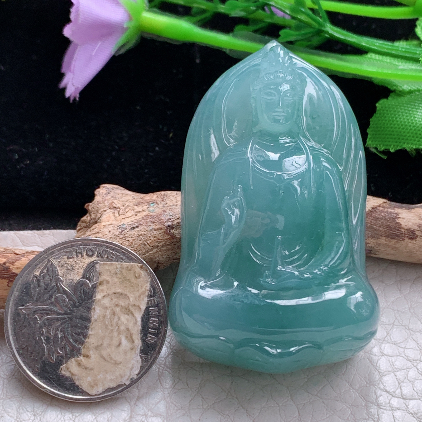 lz实拍52.5*32.3*13天然缅甸翡翠冰蓝持瓶观音 玉观音玉吊坠 玉挂件