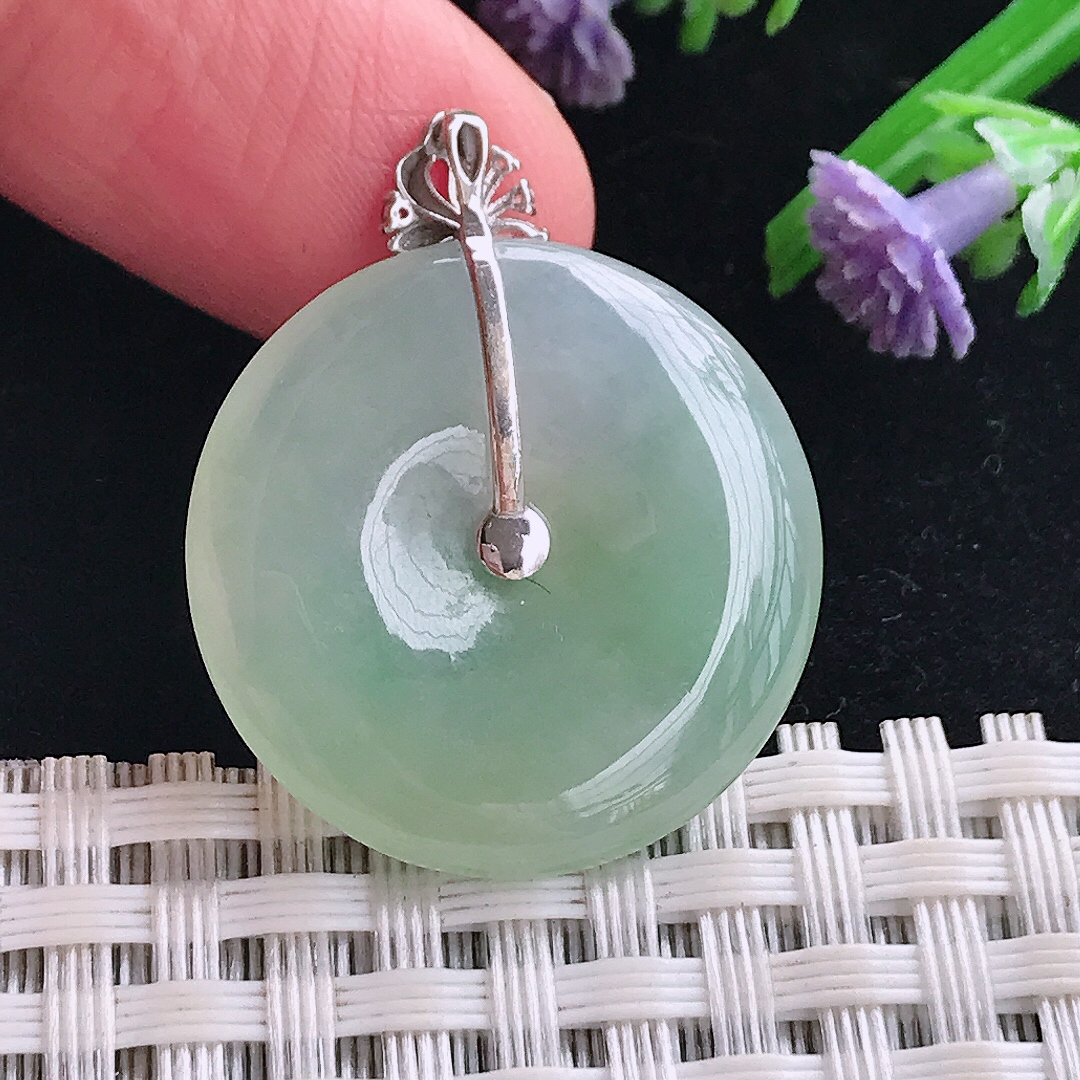 实拍A货翡翠24.6/4.7老坑18k金镶嵌冰胶冰晴绿平安扣吊坠翡翠玉牌