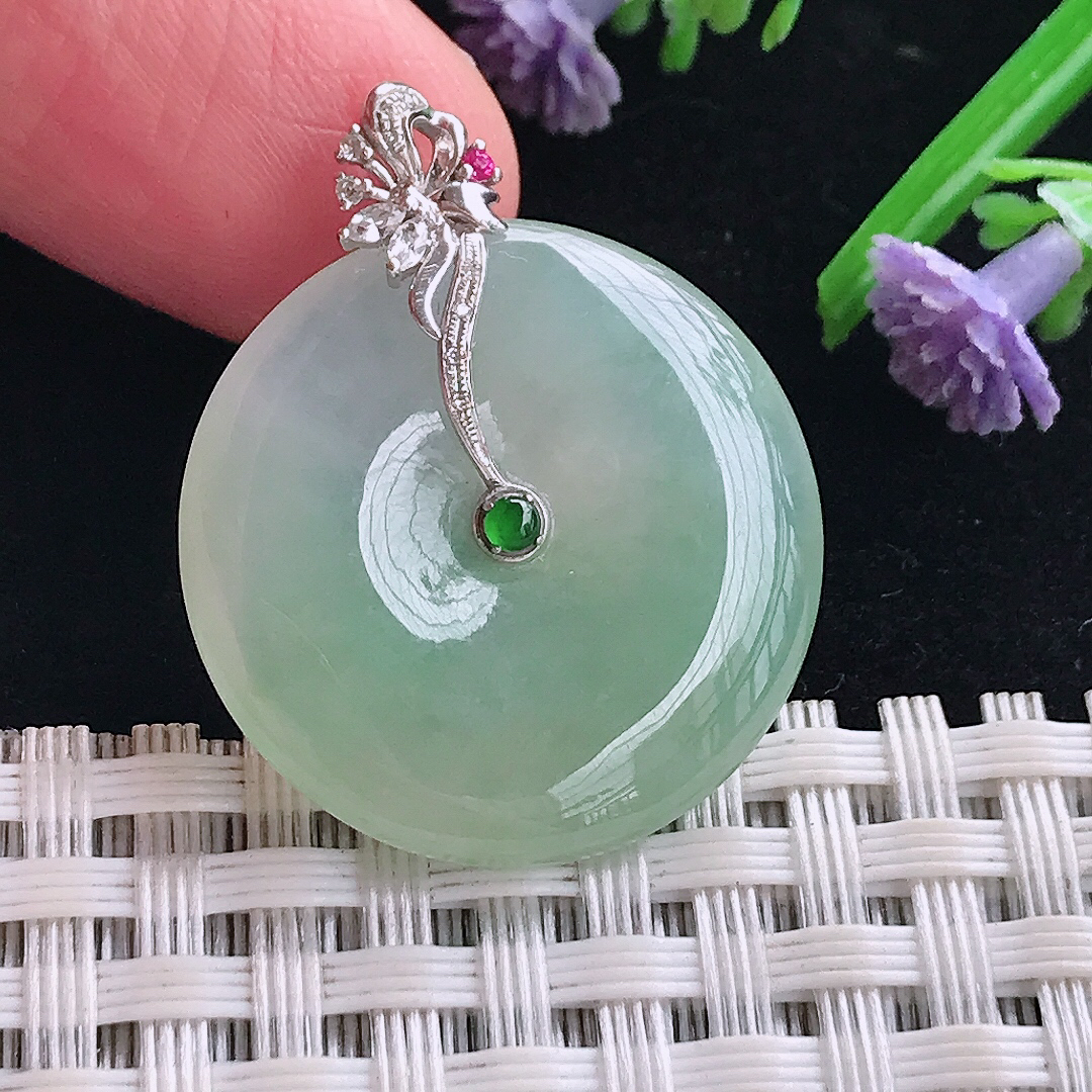 实拍A货翡翠24.6/4.7老坑18k金镶嵌冰胶冰晴绿平安扣吊坠翡翠玉牌