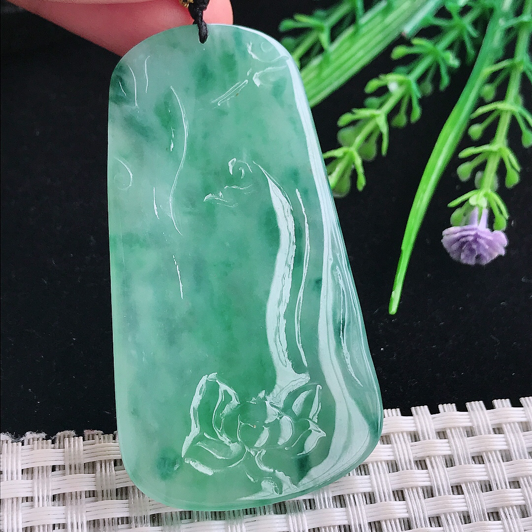 实拍A货翡翠64.3/36/5.5老坑冰胶水灵满绿虚空藏菩萨吊坠翡翠玉牌守护神