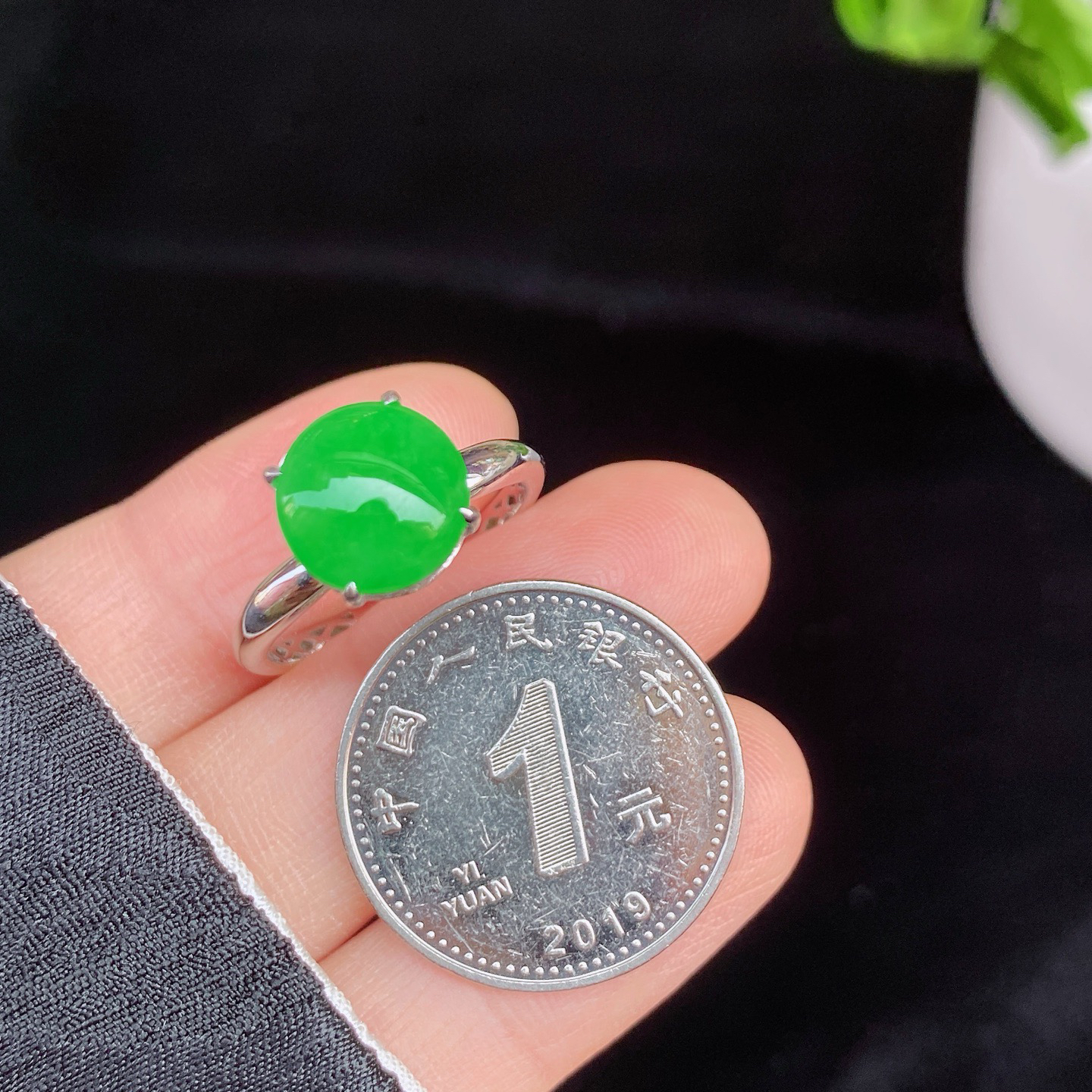 冰阳绿蛋面戒指 
冰种阳绿，色泽浓郁鲜亮
蛋面圆润饱满，18K金镶嵌
尺寸如图一  实物更美～