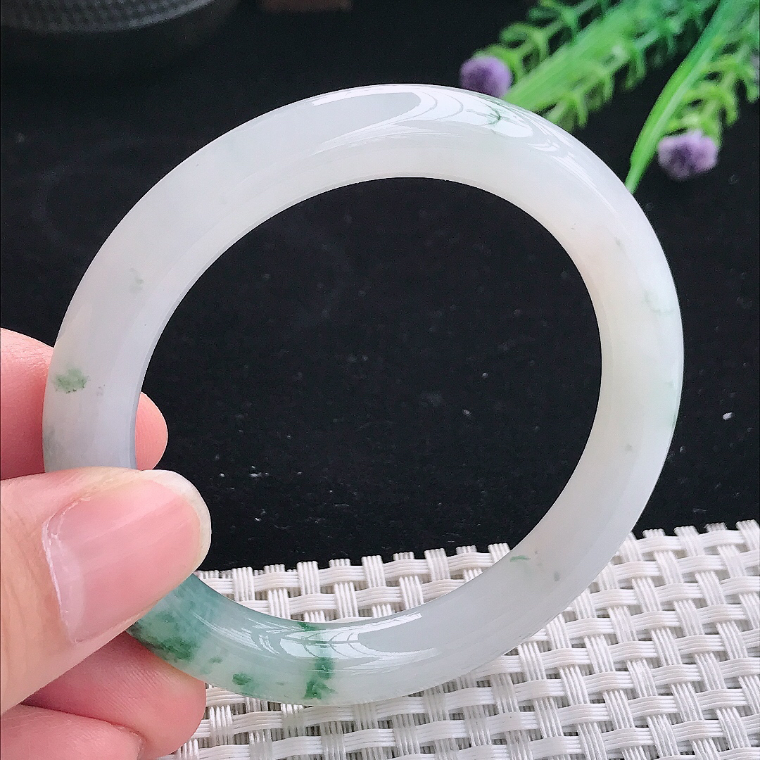 实拍A货翡翠53.5/9/9.3老坑冰胶果冻冰飘花圆条手镯翡翠玉镯平安镯