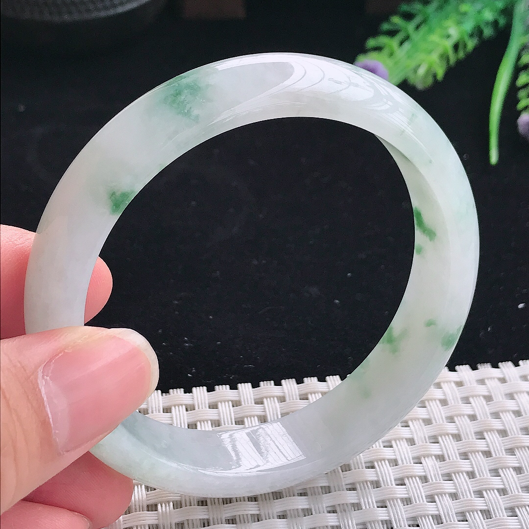 实拍A货翡翠58/13.8/7.5老坑冰润起胶飘花手镯翡翠宽边玉镯平安镯美人镯