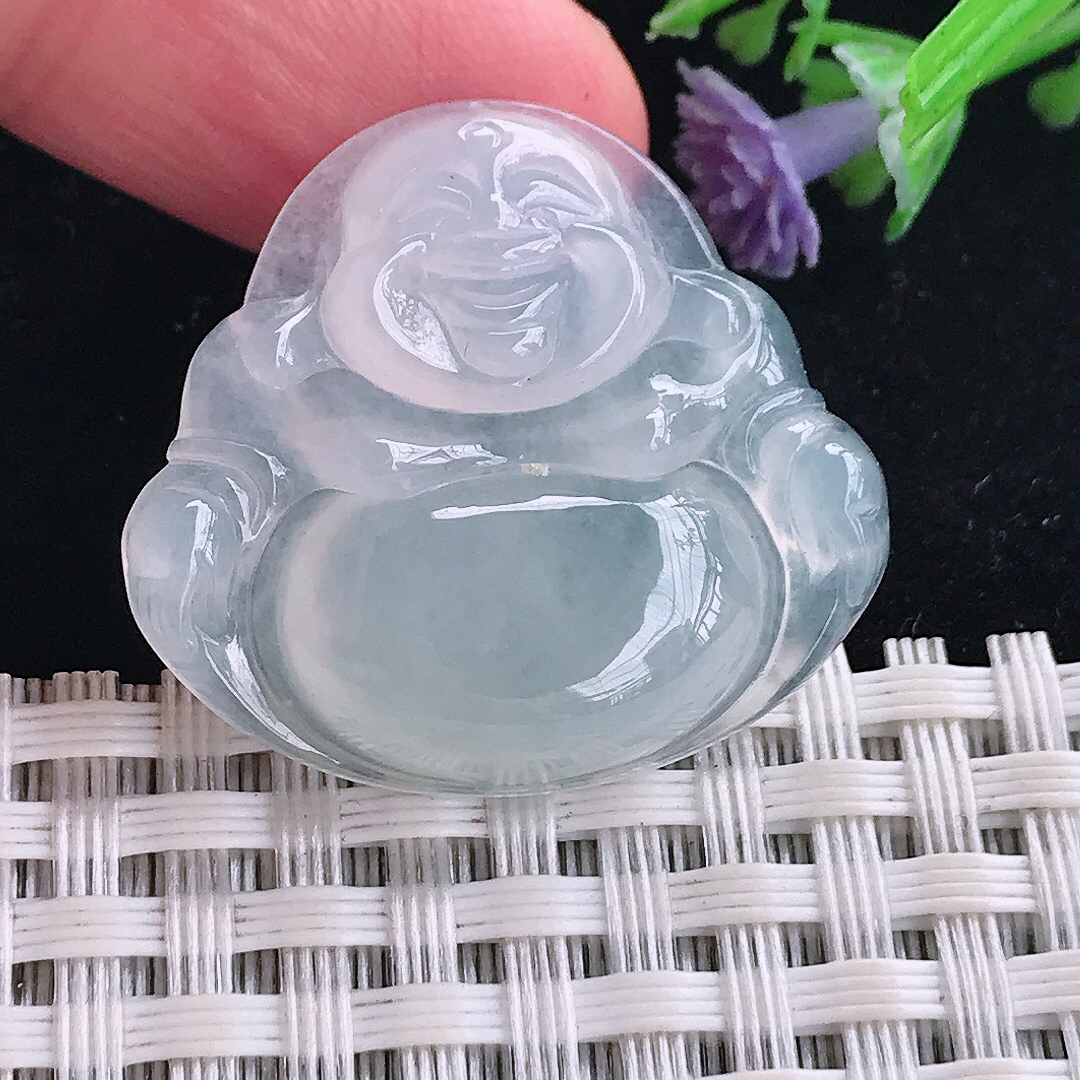 实拍A货翡翠27.3/30/6老坑冰种起胶白冰佛公吊坠翡翠玉牌