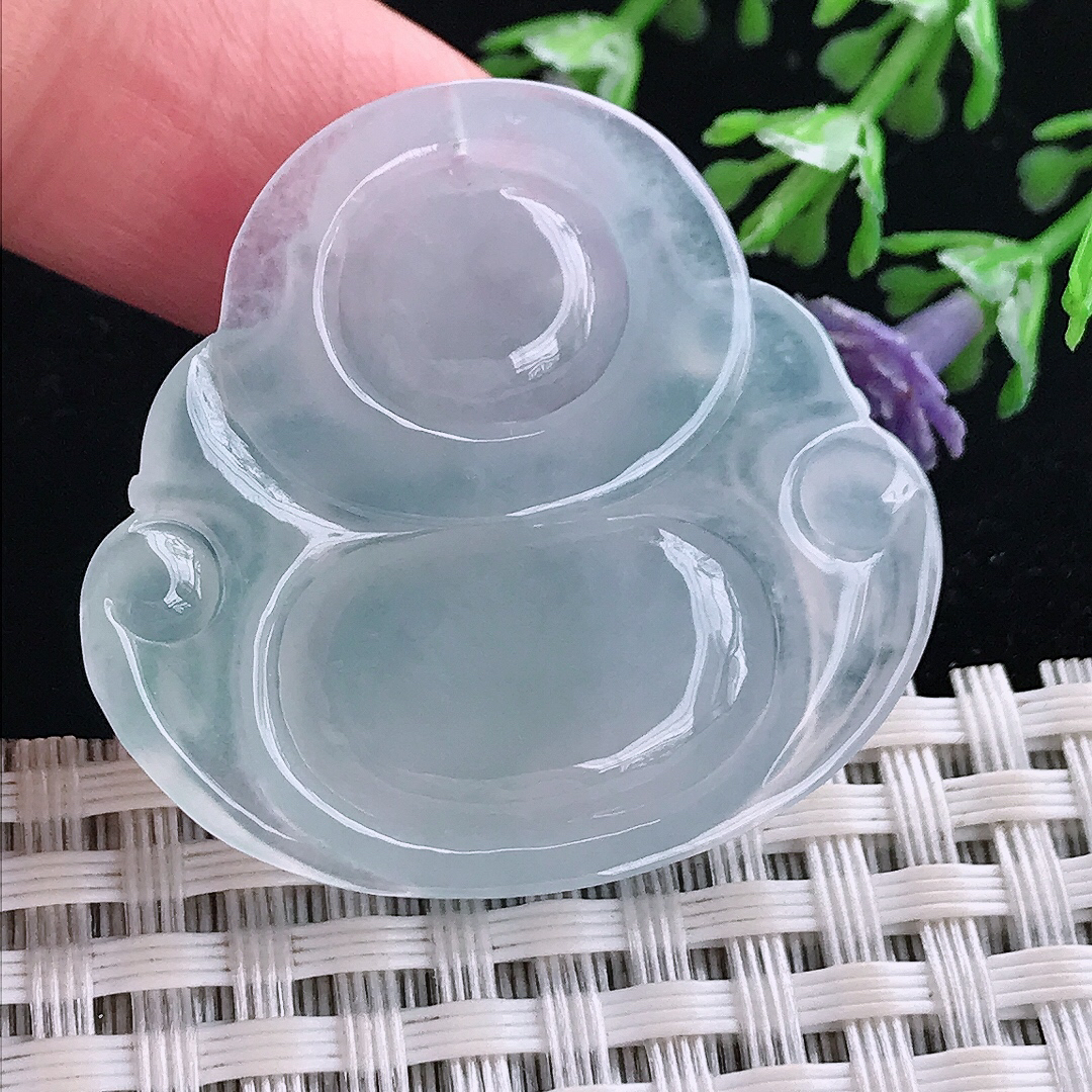 实拍A货翡翠33.8/36.3/6.3老坑冰种果冻胶冰晴天空蓝佛公吊坠