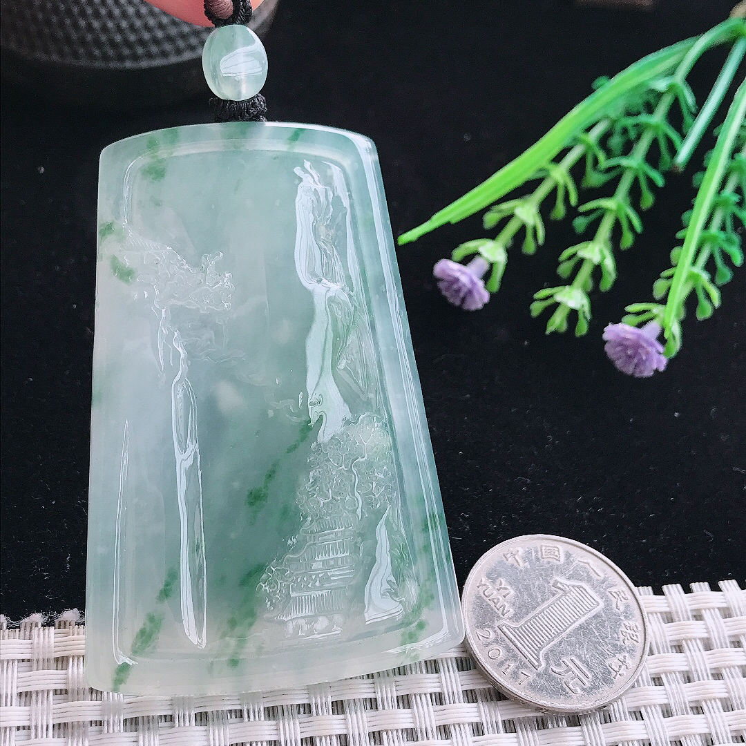 实拍A货翡翠69/46/6.5老坑冰胶果冻冰飘花山水意境牌吊坠翡翠玉牌