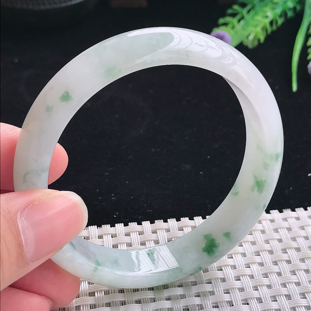 实拍A货翡翠58/13.8/7.5老坑冰润起胶飘花手镯翡翠宽边玉镯平安镯美人镯