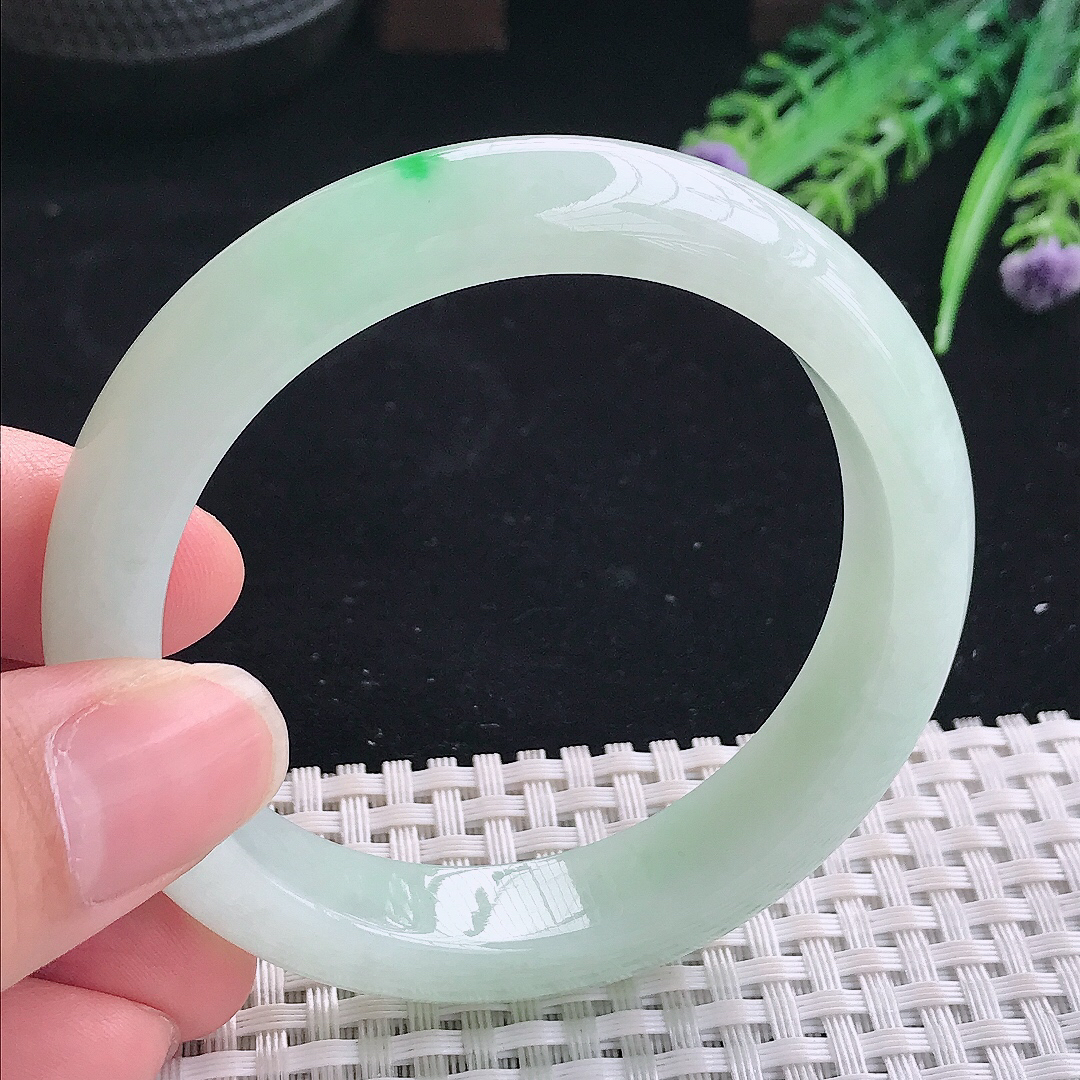 实拍A货翡翠55/12.5/8.3老坑冰润起胶冰晴绿手镯翡翠宽边玉镯平安镯美人镯