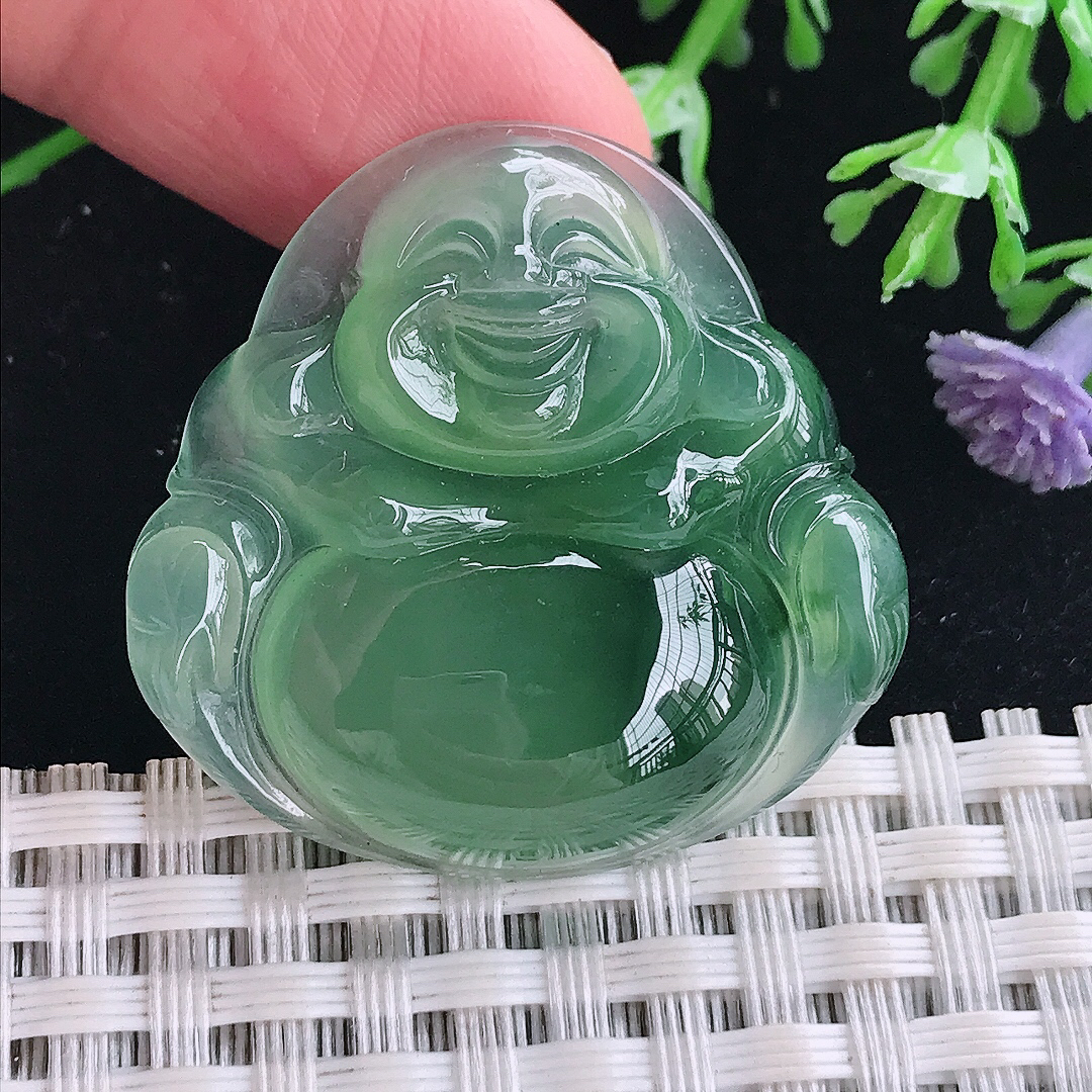 实拍A货翡翠32.4/33.3/7老坑冰种果冻胶冰晴绿佛公吊坠翡翠玉牌