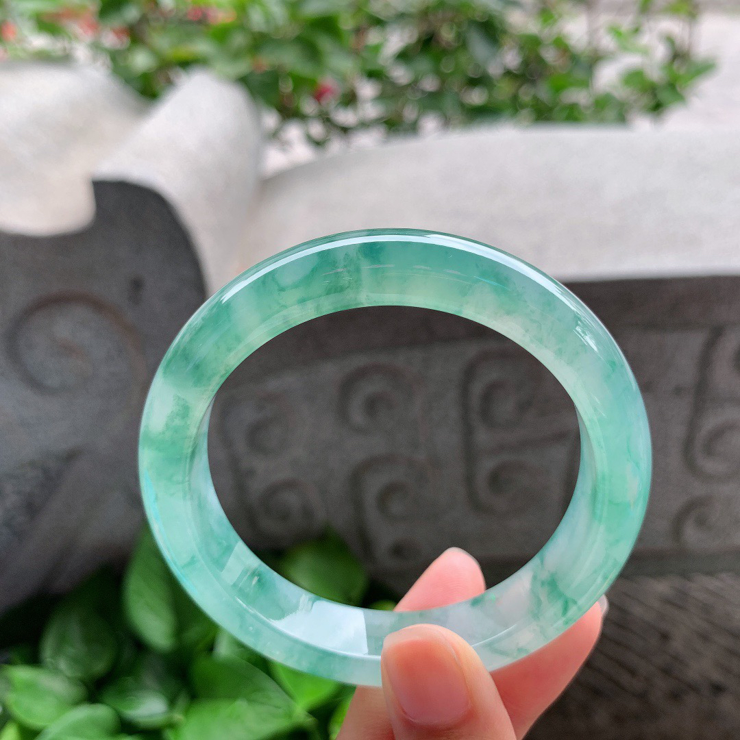 圈口57.6-12.7-8.9 【冰绿飘花正圈手镯】正圈57 58可戴