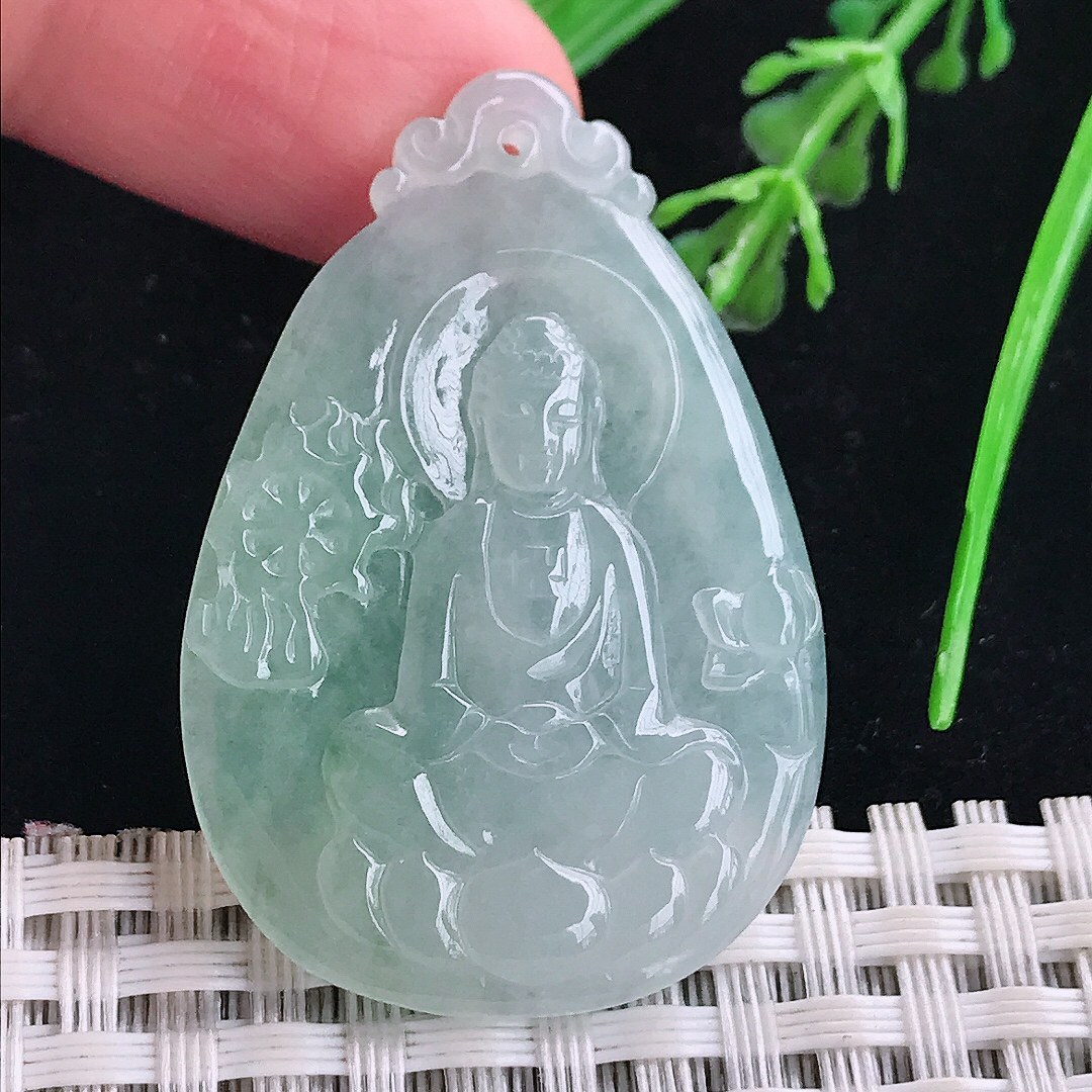 实拍A货翡翠43/29/4.4老坑冰胶果冻冰晴观音菩萨吊坠翡翠玉牌