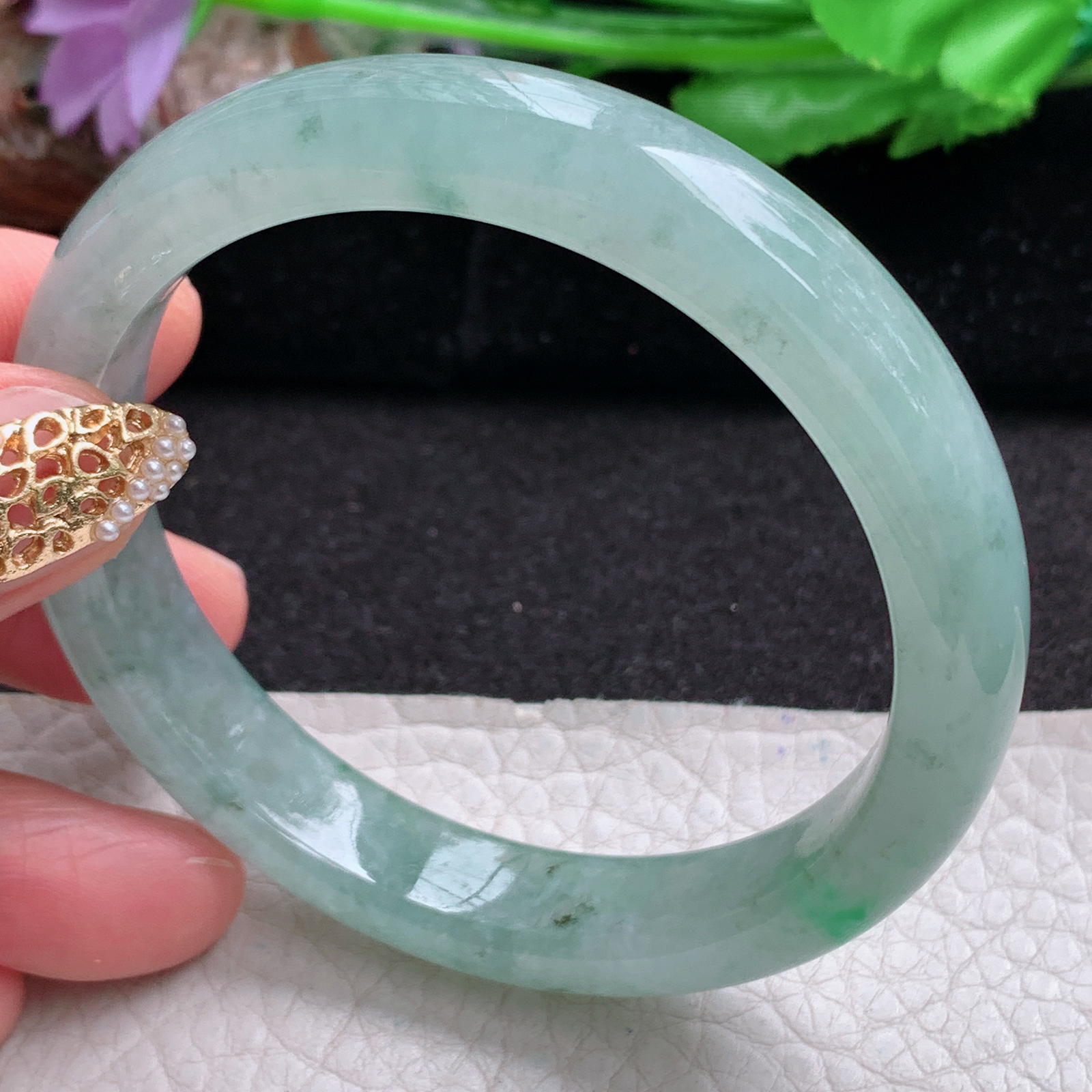zjf实拍56*11.3*7.5平安镯 天然缅甸翡翠a货手镯冰润飘绿花正圈玉镯子