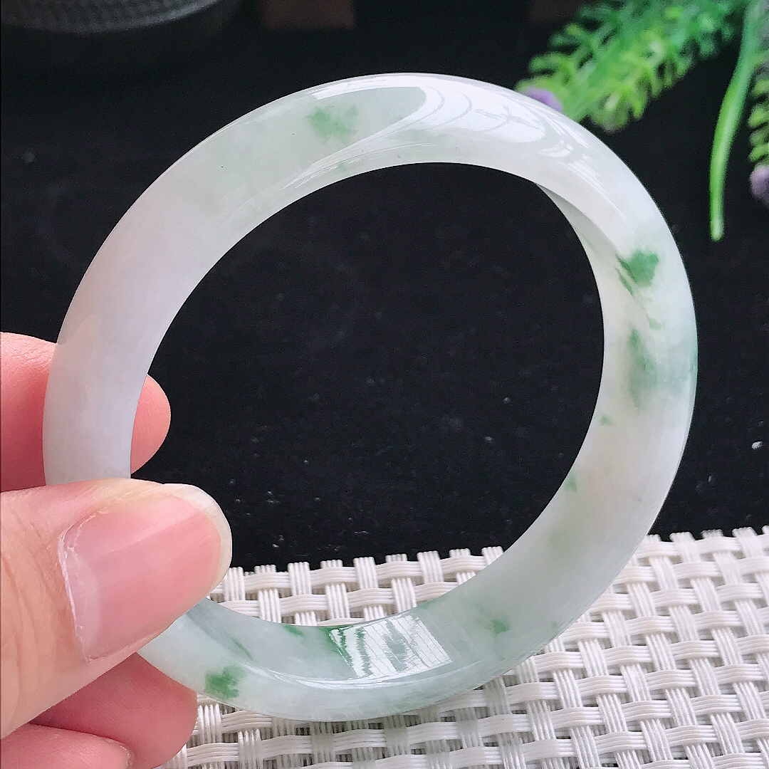 实拍A货翡翠58/13.8/7.5老坑冰润起胶飘花手镯翡翠宽边玉镯平安镯美人镯