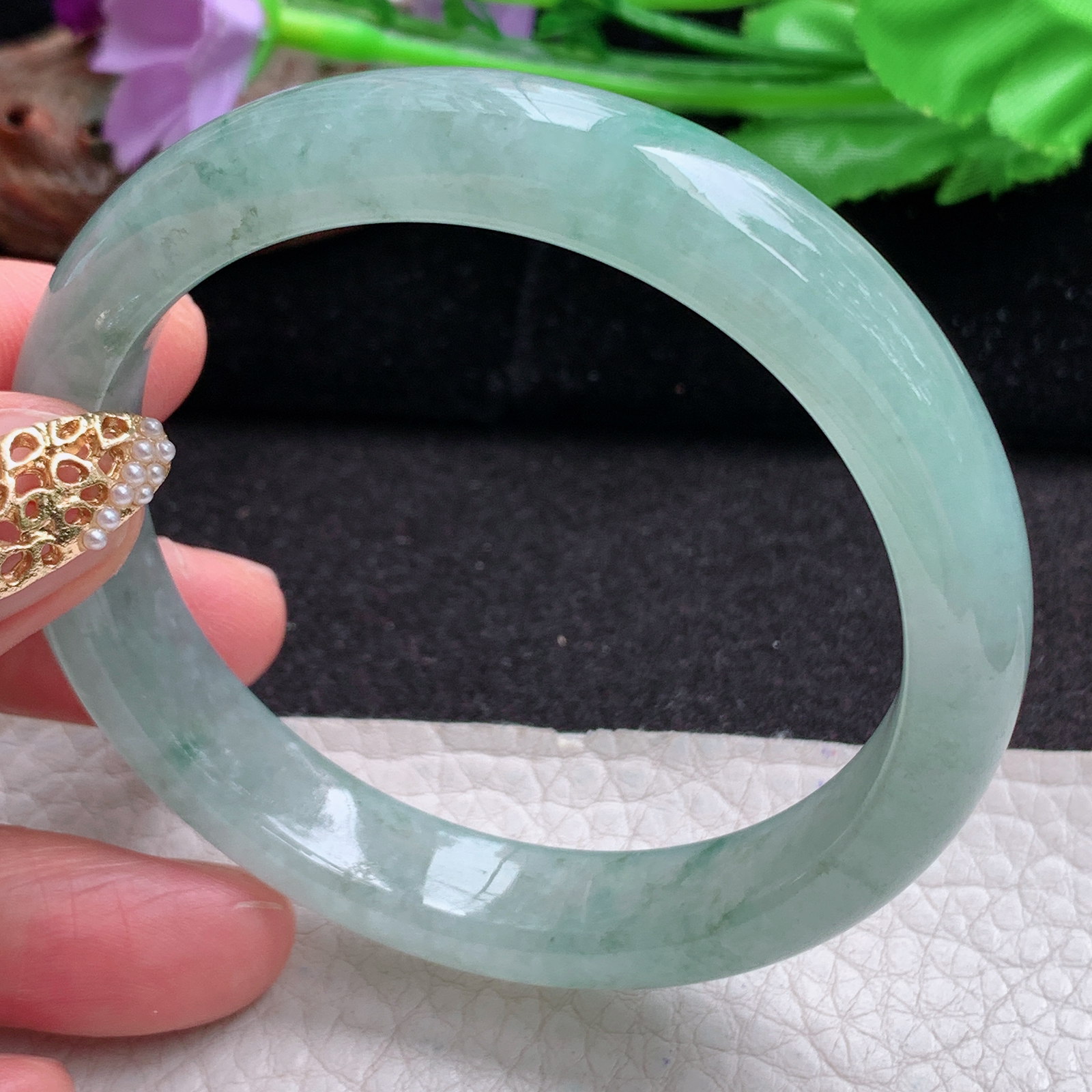 zjf实拍56*11.3*7.5平安镯 天然缅甸翡翠a货手镯冰润飘绿花正圈玉镯子