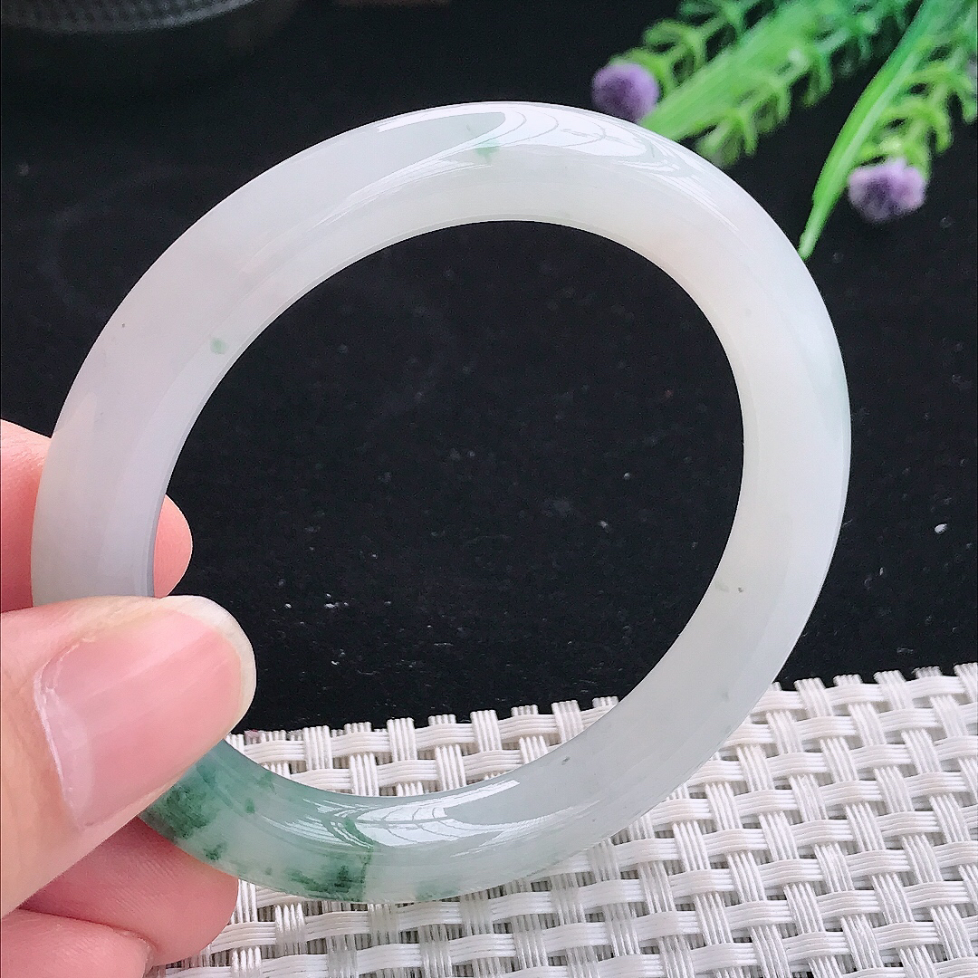 实拍A货翡翠53.5/9/9.3老坑冰胶果冻冰飘花圆条手镯翡翠玉镯平安镯