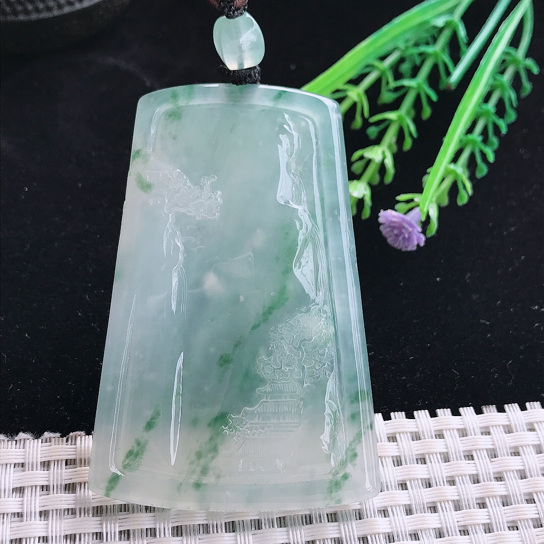 实拍A货翡翠69/46/6.5老坑冰胶果冻冰飘花山水意境牌吊坠翡翠玉牌