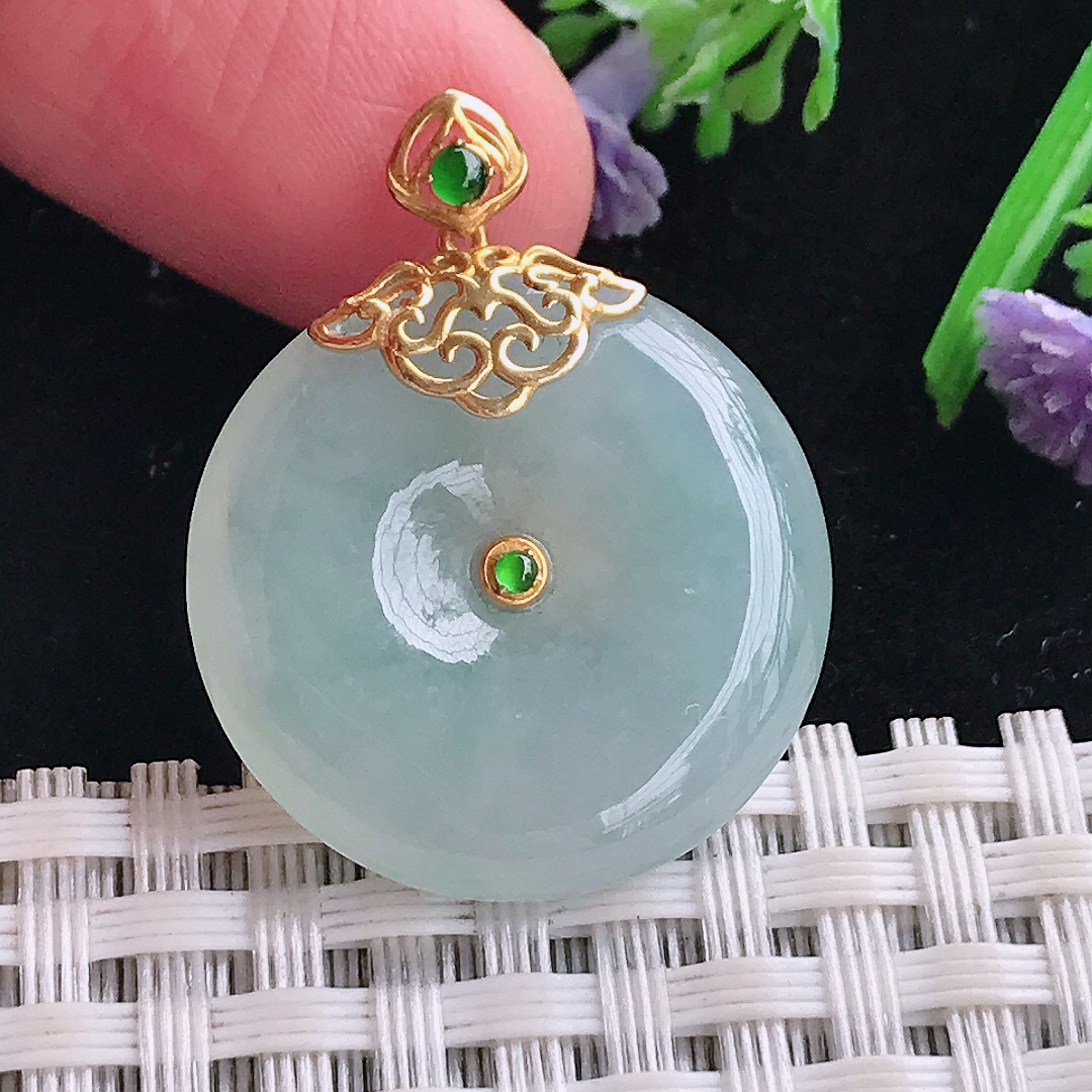 实拍A货翡翠23.9/5.3老坑18k金镶嵌冰胶水灵平安扣吊坠翡翠玉牌