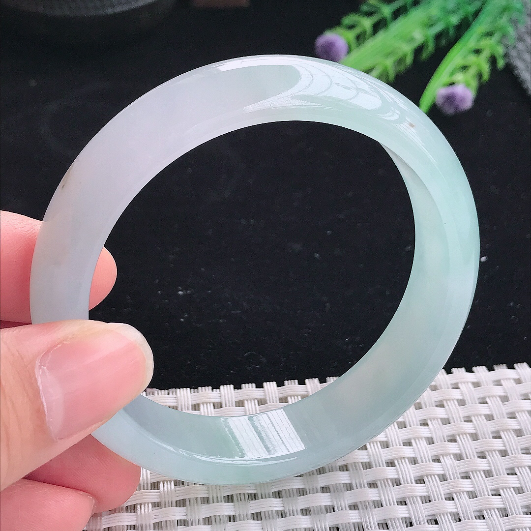 实拍A货翡翠58/14.8/7.8老坑冰透果冻胶冰晴天空蓝手镯翡翠宽边玉镯平安镯