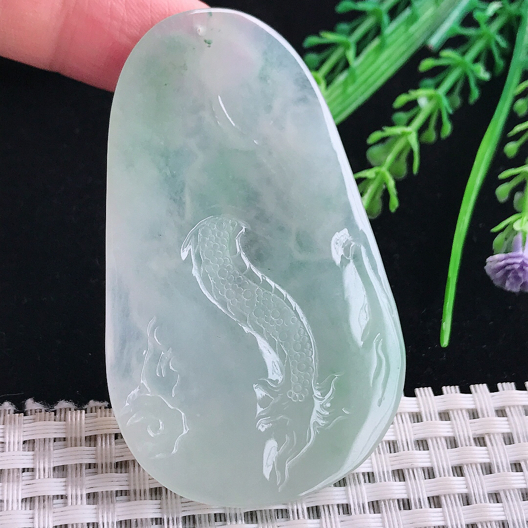 实拍A货翡翠66/40/5.5老坑冰胶果冻冰晴绿御龙观音吊坠翡翠玉牌