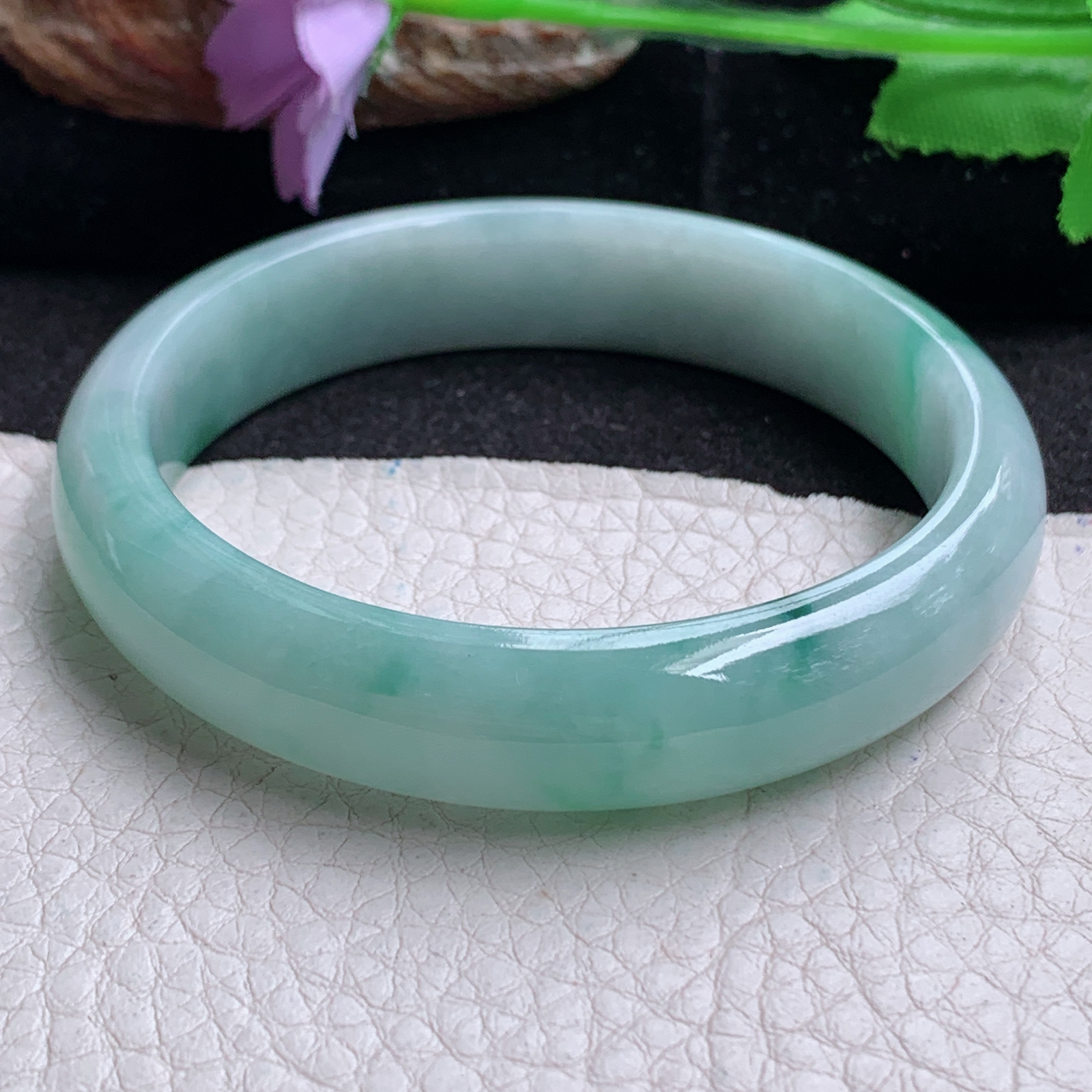 zjf实拍55*12.3*7平安镯 天然缅甸翡翠a货手镯飘花秀气正圈玉镯子